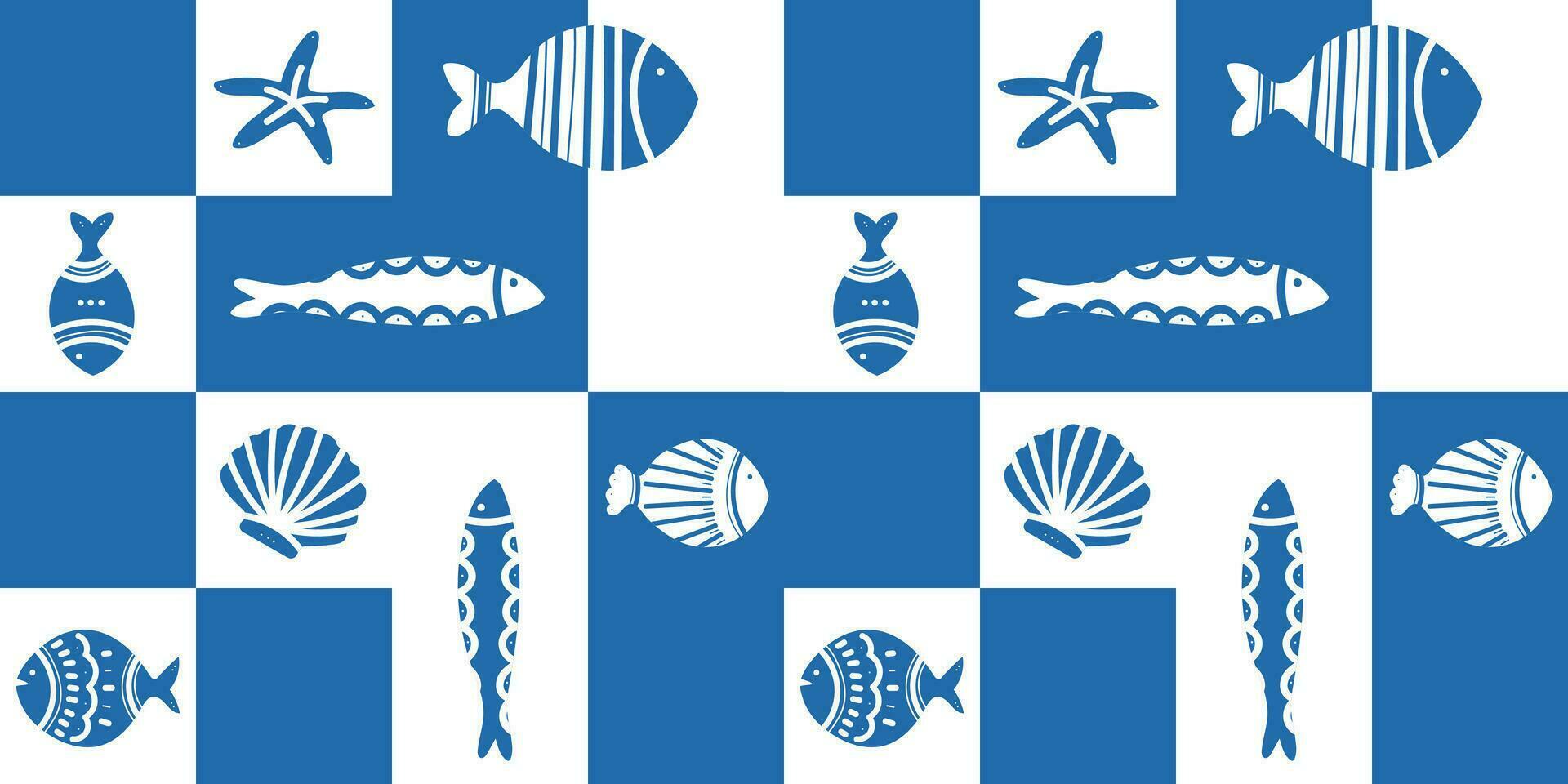 tegels vis naadloos patroon. hand- getrokken marinier illustraties van vis en zee elementen. zomer zee strand stijl. naadloos patroon van sier- vis. vector