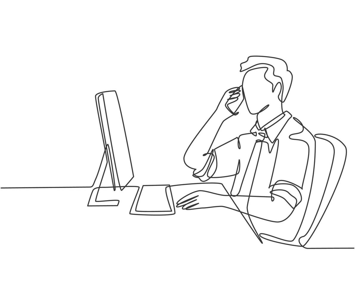 een enkele lijntekening van een jonge mannelijke bedrijfsdirecteur die een korte briefing geeft via een telefoontje naar zijn teamlid vanuit het kantoor. zakelijk praten concept continu lijn tekenen ontwerp vectorillustratie vector