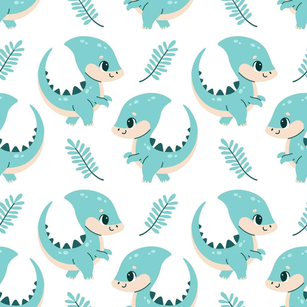 schattig dinosaurus naadloos patroon. schattig gekleurde dinosaurussen voor kinderkamer, kinderen kleding. kinderen patroon in vlak tekenfilm stijl. vector illustratie.