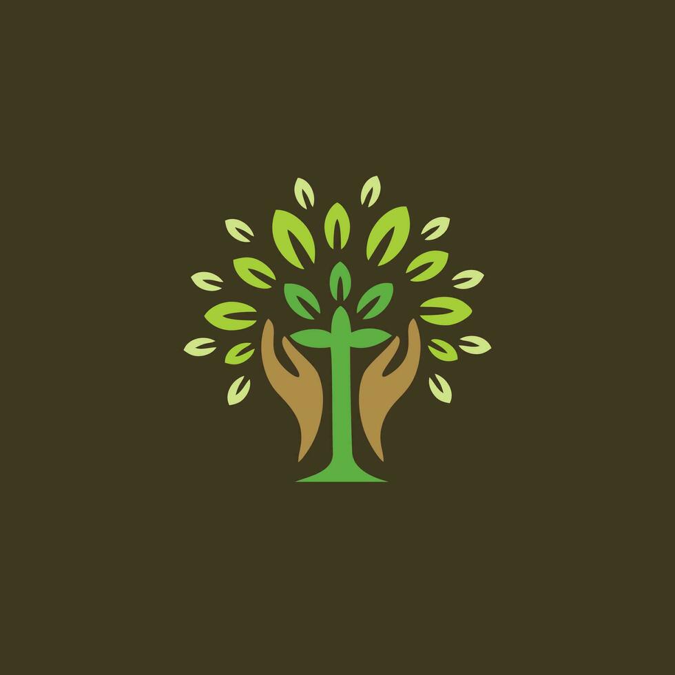Katholiek christen kruis logo ontwerp, Jezus logo illustratie, groen kruis met bladeren vector