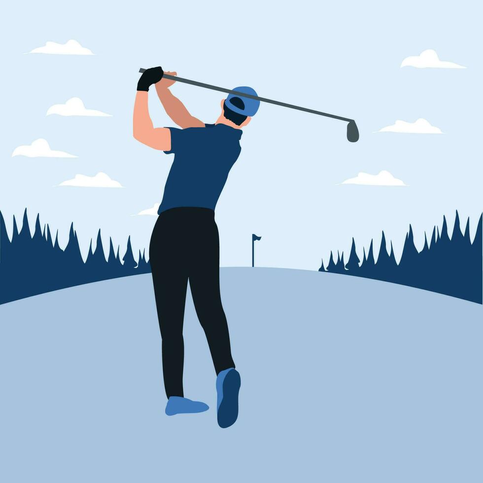 vector illustratie - Mens schommel golf stok in de golf veld- - vlak tekenfilm stijl