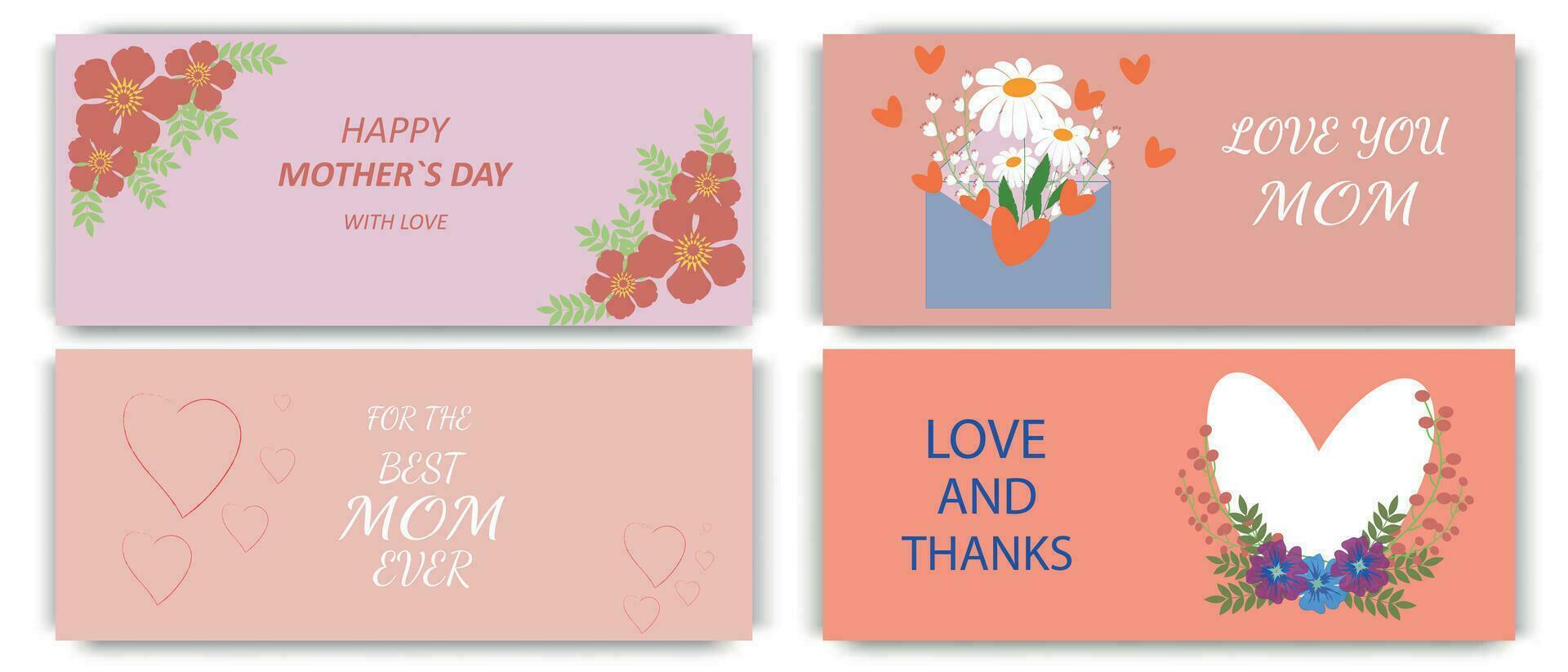 gelukkig moeders dag elegant horizontaal groet spandoeken. vector tekst bloemen en hart voor uw geliefde mama. de het beste groet kaarten.