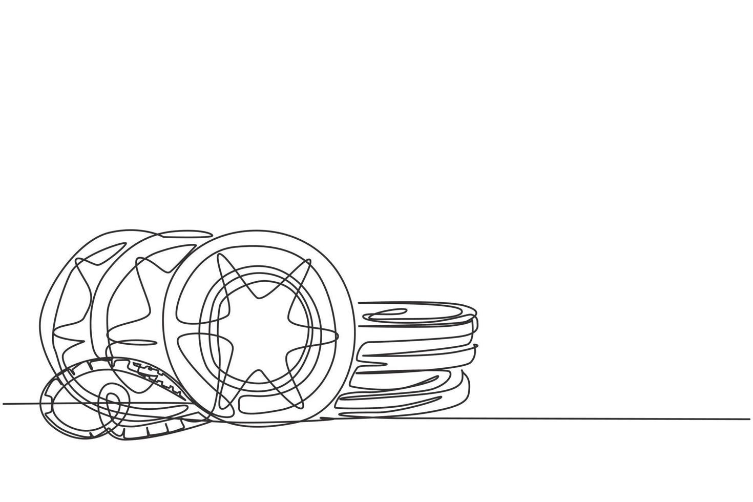 enkele doorlopende lijntekening stapel retro oude klassieke film videospoelen. vintage film filmstrip item concept een lijn tekenen grafisch ontwerp vectorillustratie vector