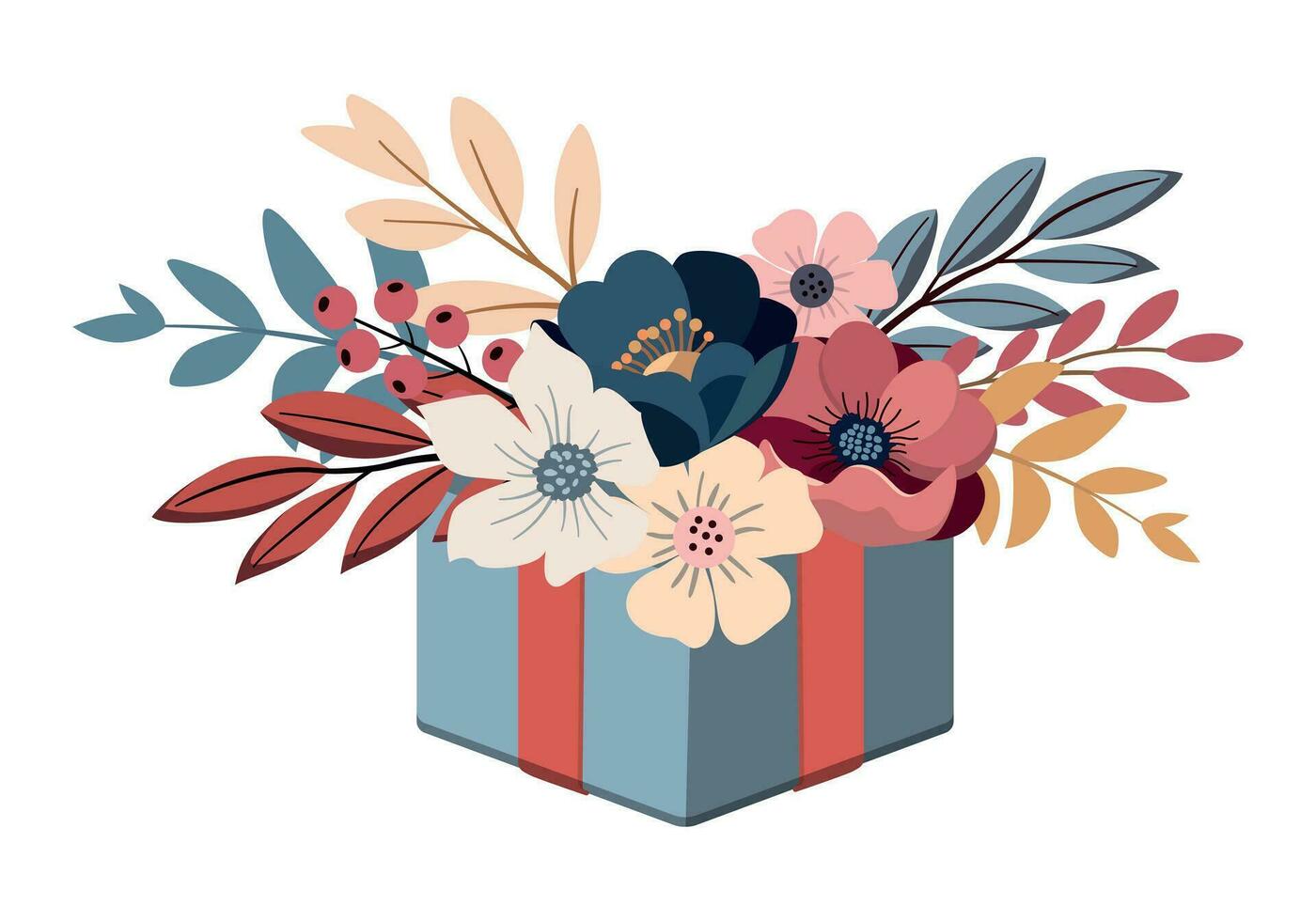 bloem boeketten en trossen uitgerust in mand en karton geschenk doos vector set. Valentijnsdag dag liefde groet kaart met bloemen geschenk