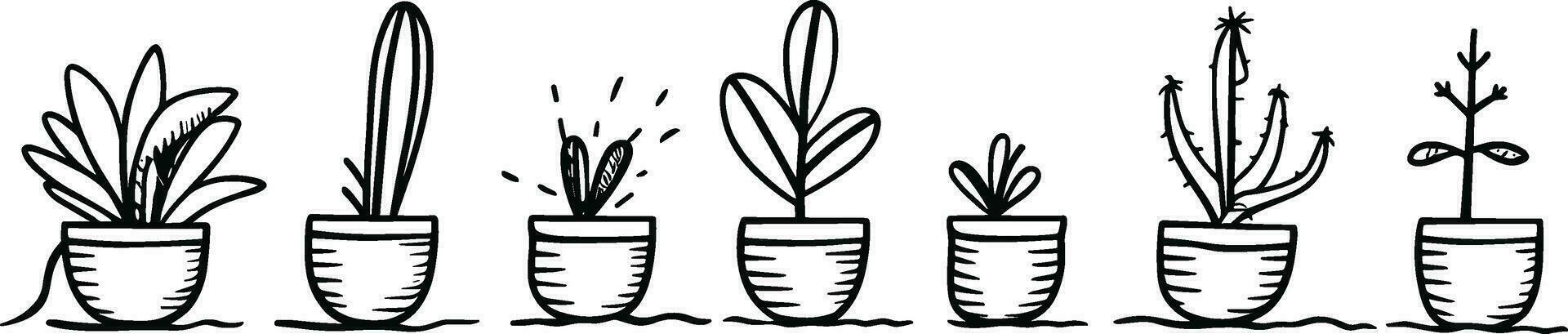 interieur bloemen in pot. binnen- huis planten vector illustratie set. ingemaakt kamerplant, lijn kunst hand- tekening. ai gegenereerd illustratie.