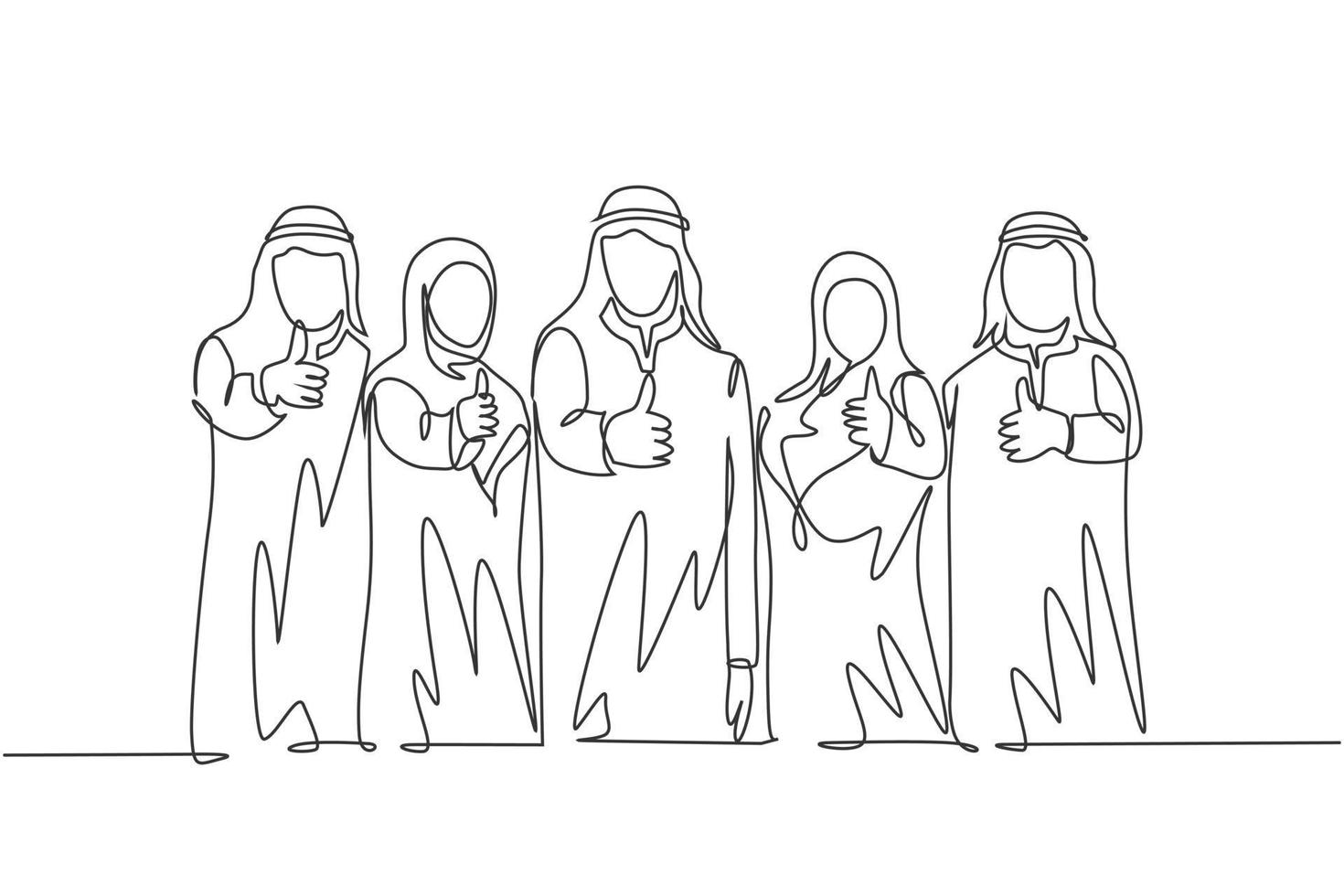 een doorlopende lijntekening van jonge moslim mannelijke en vrouwelijke managers die duimen omhoog gebaren geven. islamitische kleding shemag, kandura, sjaal, keffiyeh. enkele lijn tekenen ontwerp vectorillustratie vector
