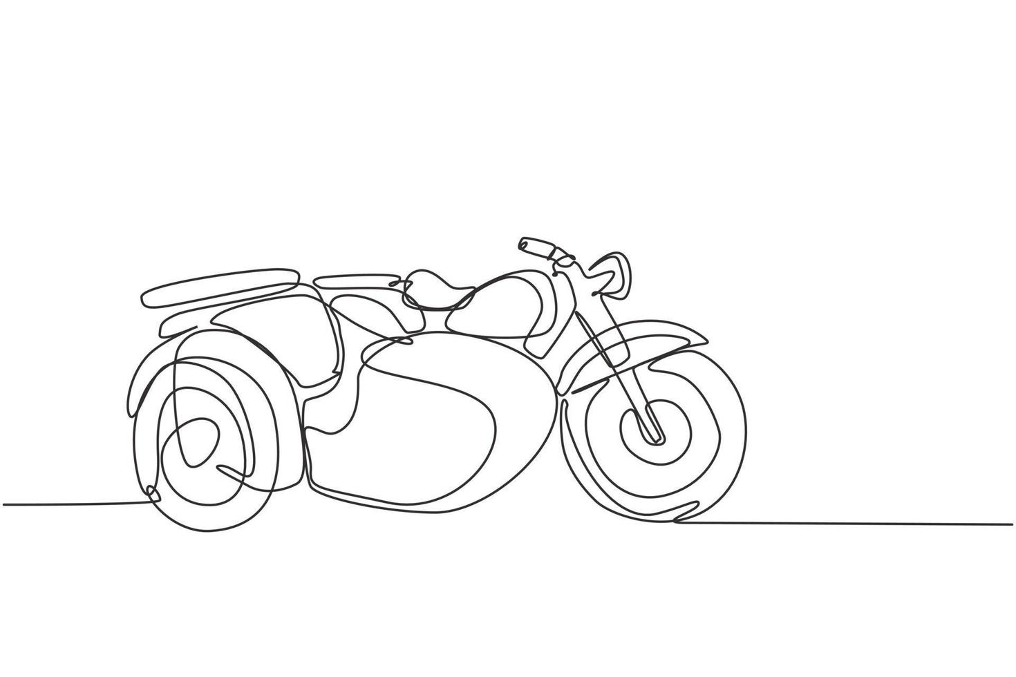 een doorlopende lijntekening van retro oude vintage motorfiets met zijspan. klassieke motor transport concept enkele lijn tekenen grafisch ontwerp vectorillustratie vector