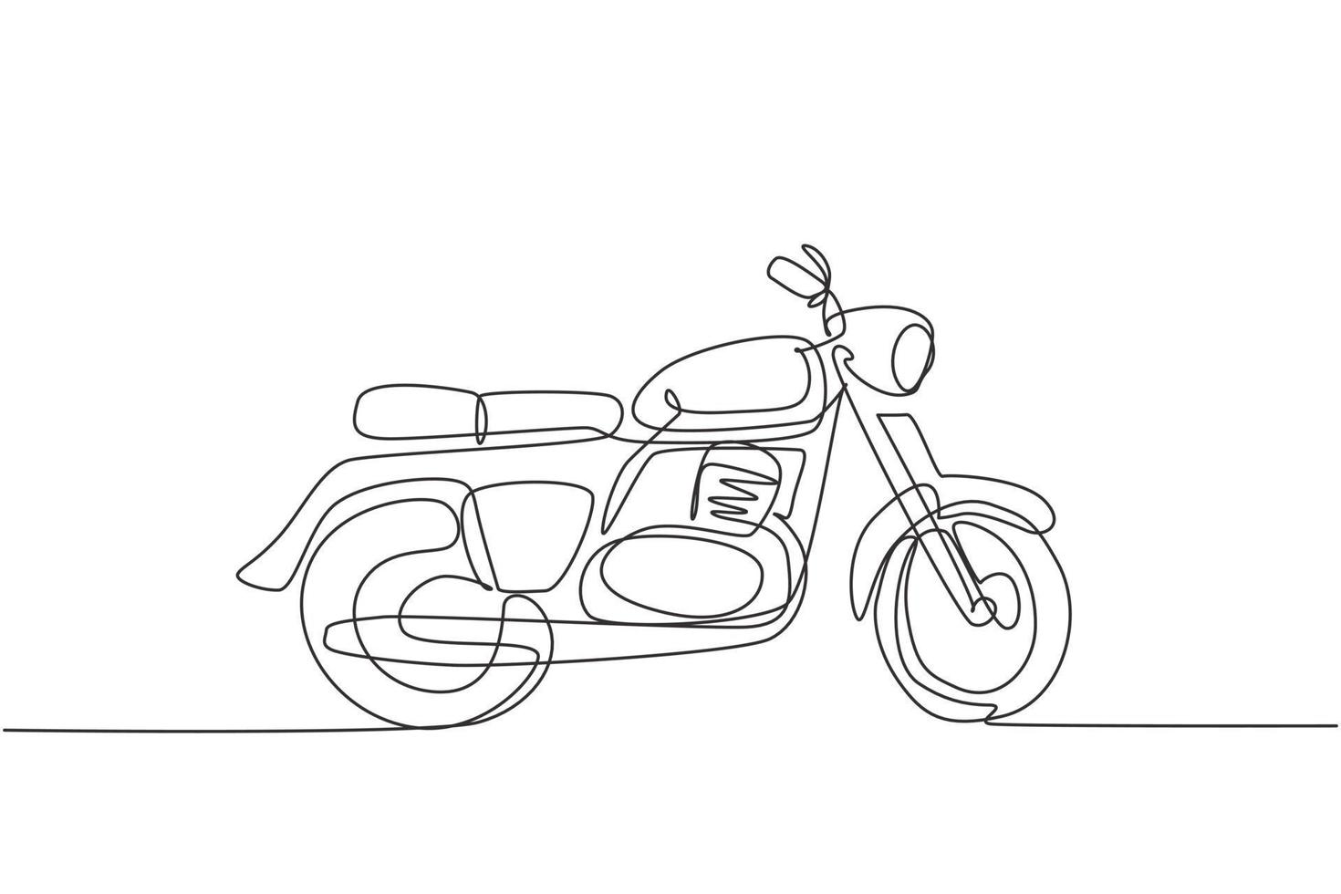 enkele doorlopende lijntekening van het oude klassieke vintage motorfietssymbool. retro motor transport concept een lijn tekenen ontwerp vector grafische illustratie