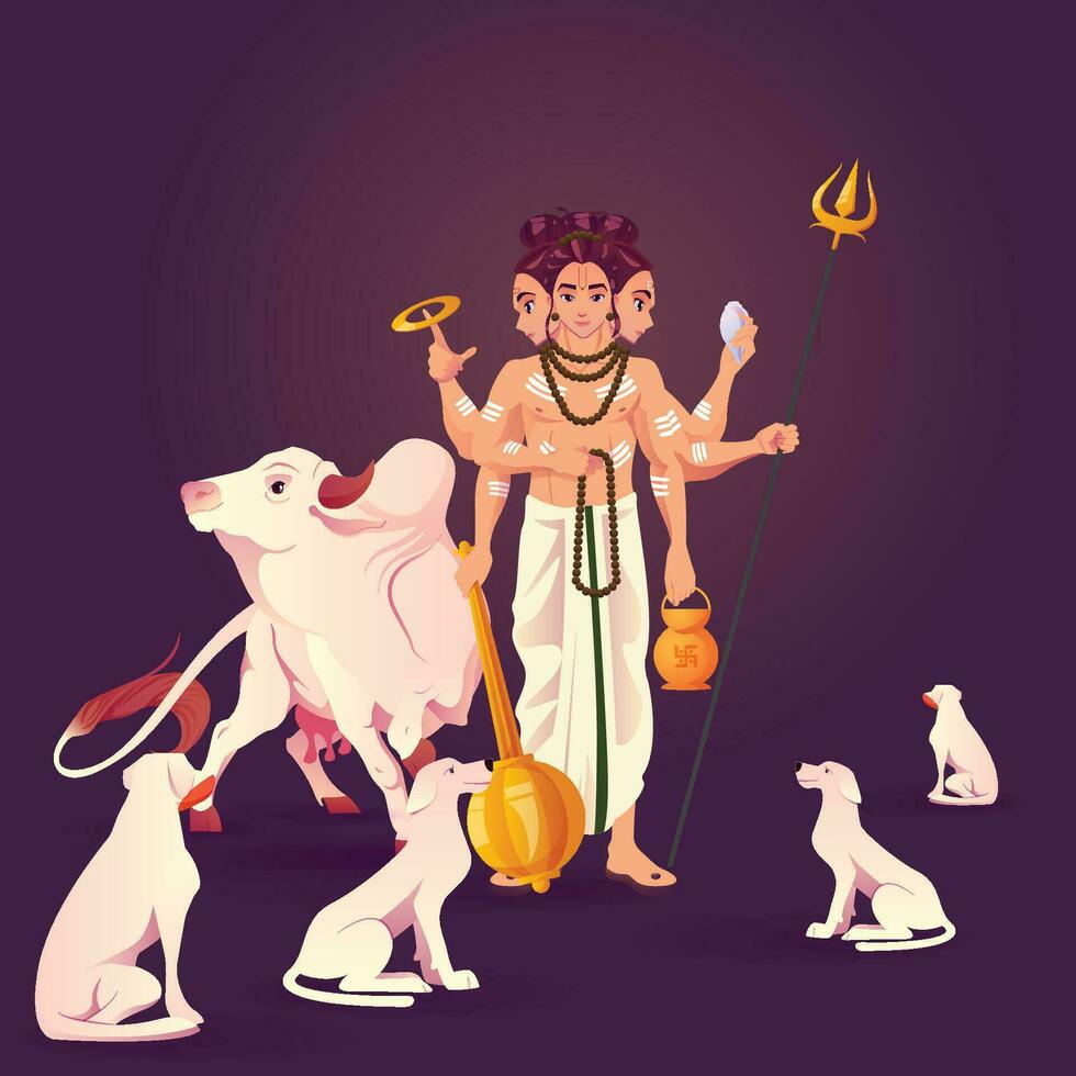 shri dattaguru Maharaj vector illustratie met koe en vier honden in de achtergrond