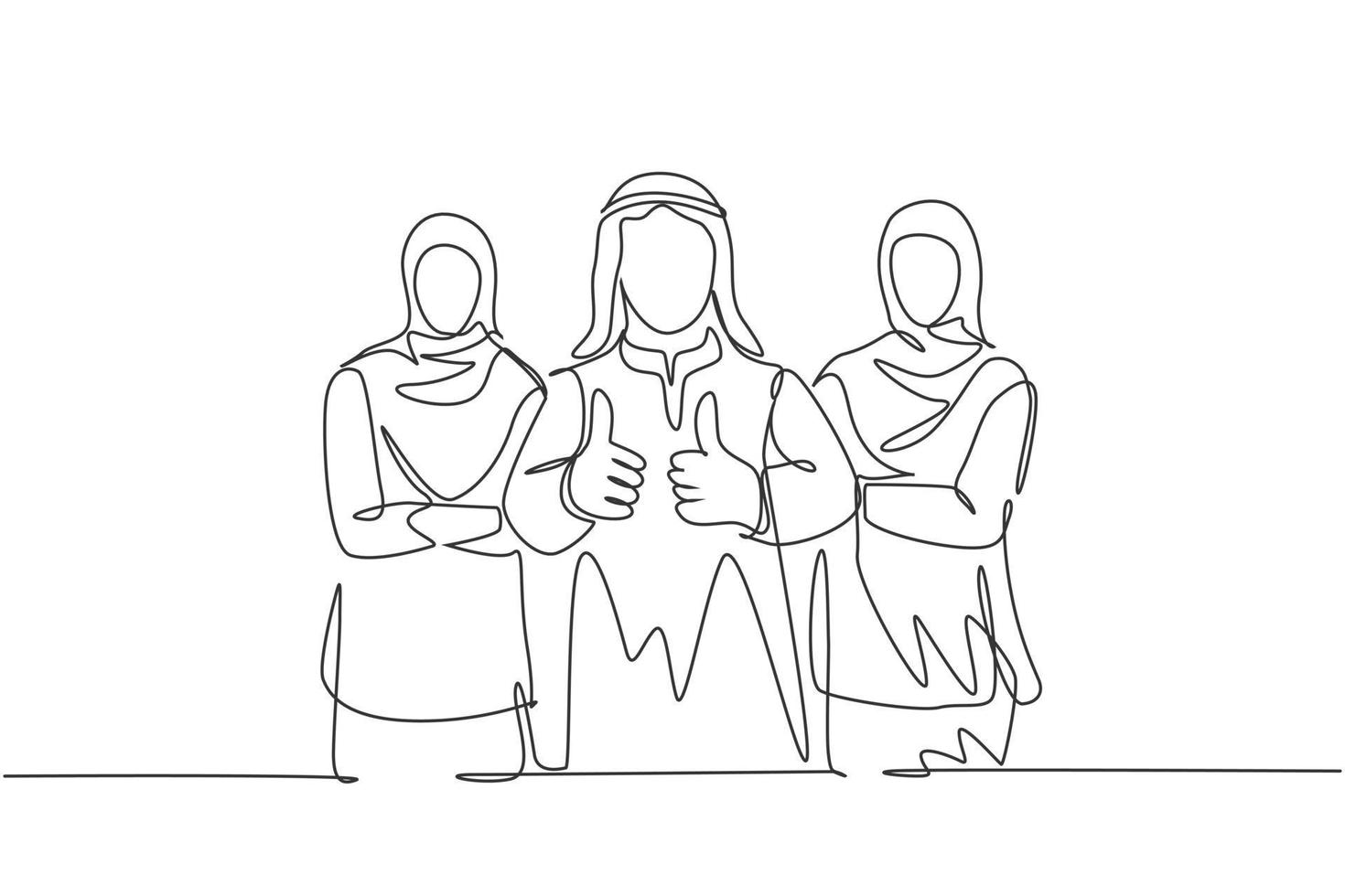 een doorlopende lijntekening van jonge moslim business teamleden die in de rij staan terwijl ze een duim omhoog gebaar geven. islamitische kleding shemag, sjaal, keffiyeh, hijab. enkele lijn tekenen ontwerp vectorillustratie vector