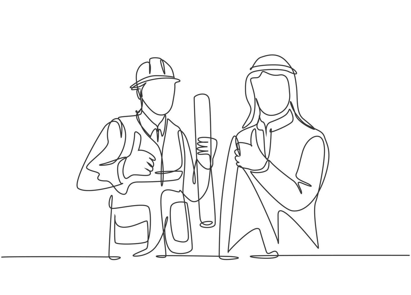 een doorlopende lijntekening van een moslimzakenman en een samenwerking tussen bouwconstructeurs en duimen omhoog. islamitische kleding kandura, sjaal, keffiyeh. enkele lijn tekenen ontwerp vectorillustratie vector