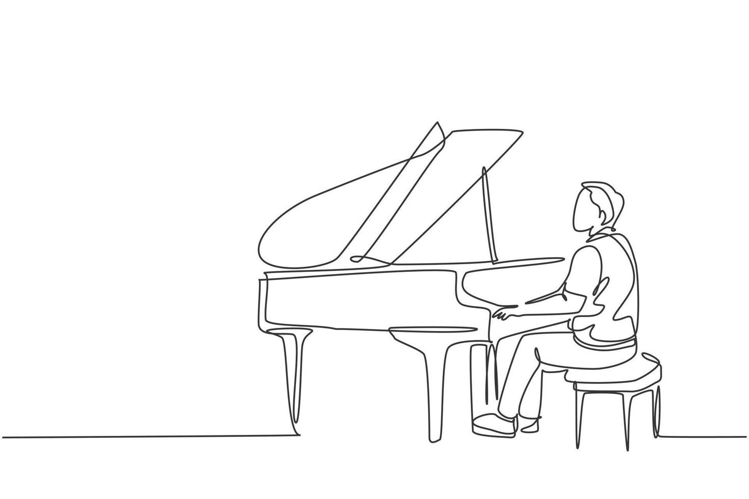 enkele doorlopende lijntekening van jonge gelukkige mannelijke pianist die klassieke vleugel speelt op muziekconcertorkest. muzikant kunstenaar prestaties concept één lijn tekenen ontwerp grafische vectorillustratie vector