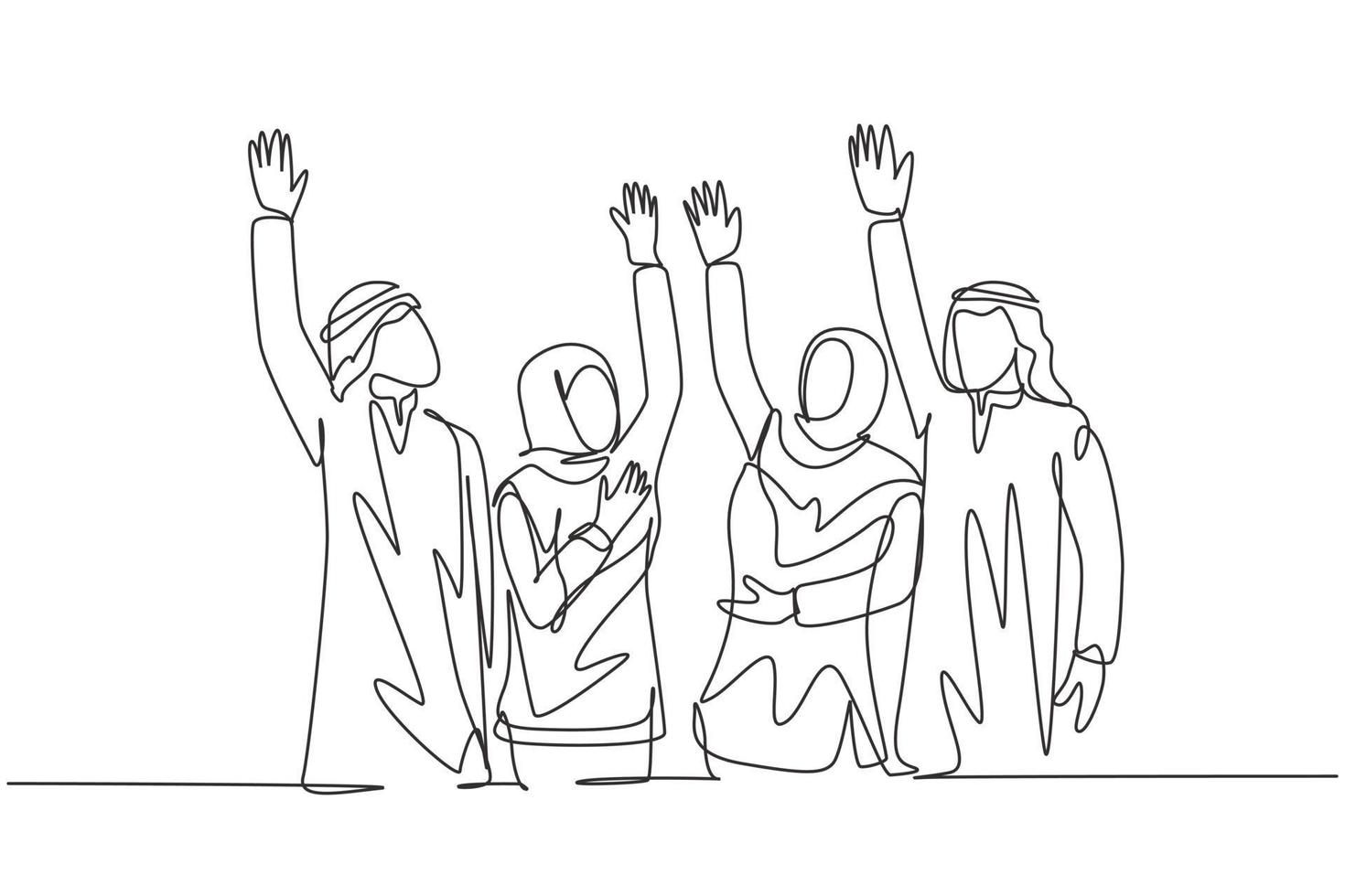 een enkele lijntekening van jonge gelukkige moslimzakenmensen steken hun hand op. Saoedi-Arabische zakenlieden met shmag, kandora, hoofddoek, thobe ghutra. doorlopende lijn tekenen ontwerp vectorillustratie vector