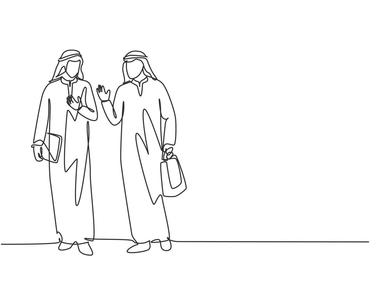 enkele doorlopende lijntekening van jonge moslimzakenlieden die samen wandelen terwijl ze na de werkuren naar huis gaan. Arabische Midden-Oosten doek kandura, thawb, robe, hijab. een gelijkspel ontwerp vectorillustratie vector