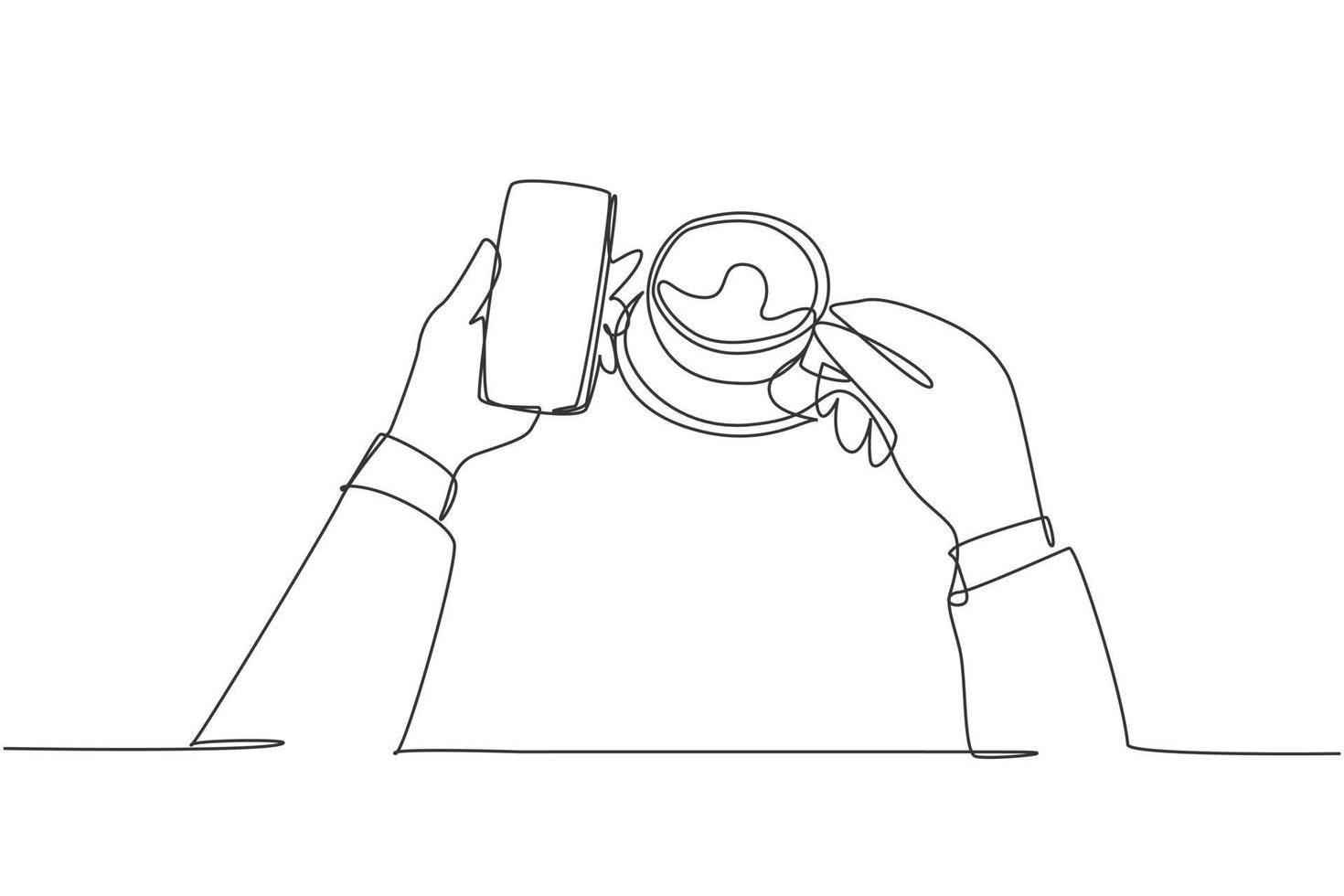 een doorlopende lijntekening van een jonge zakenman die bericht leest van zakenpartner op smartphone terwijl hij een kopje koffie drinkt in de coffeeshop. enkele lijn tekenen ontwerp illustratie vector