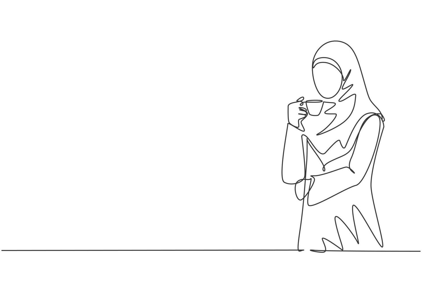 een doorlopende lijntekening van jonge moslimzakenvrouw die zakelijke ideeën denkt terwijl ze een kopje koffie vasthoudt. Saoedi-Arabische vrouw met vel en hijab. één lijntekening illustratie vector