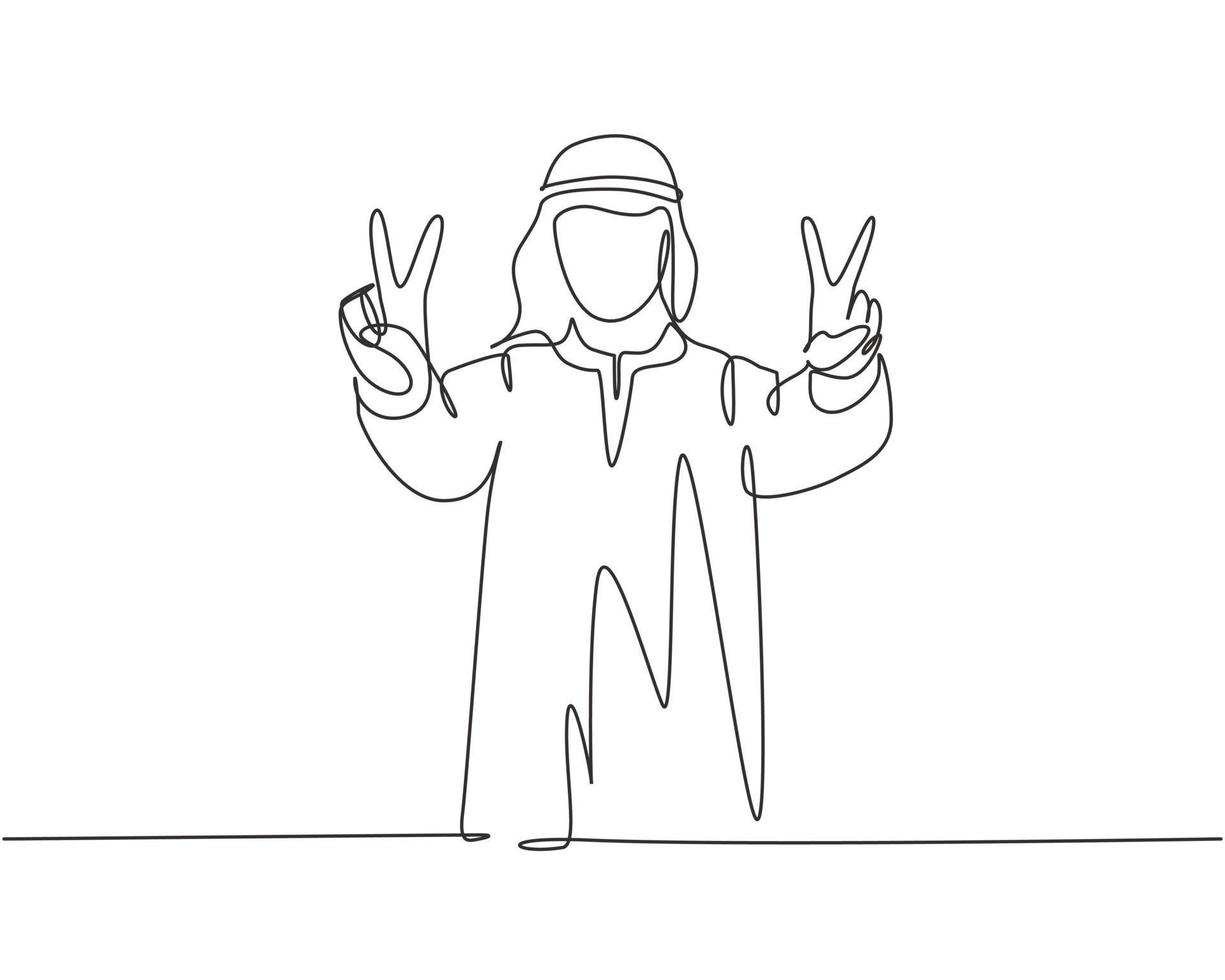 een doorlopende lijntekening van een jonge mannelijke moslimwerknemer die een handgebaar voor vrede of overwinning geeft. islamitische kleding shemag, kandura, sjaal, keffiyeh. enkele lijn tekenen ontwerp vectorillustratie vector