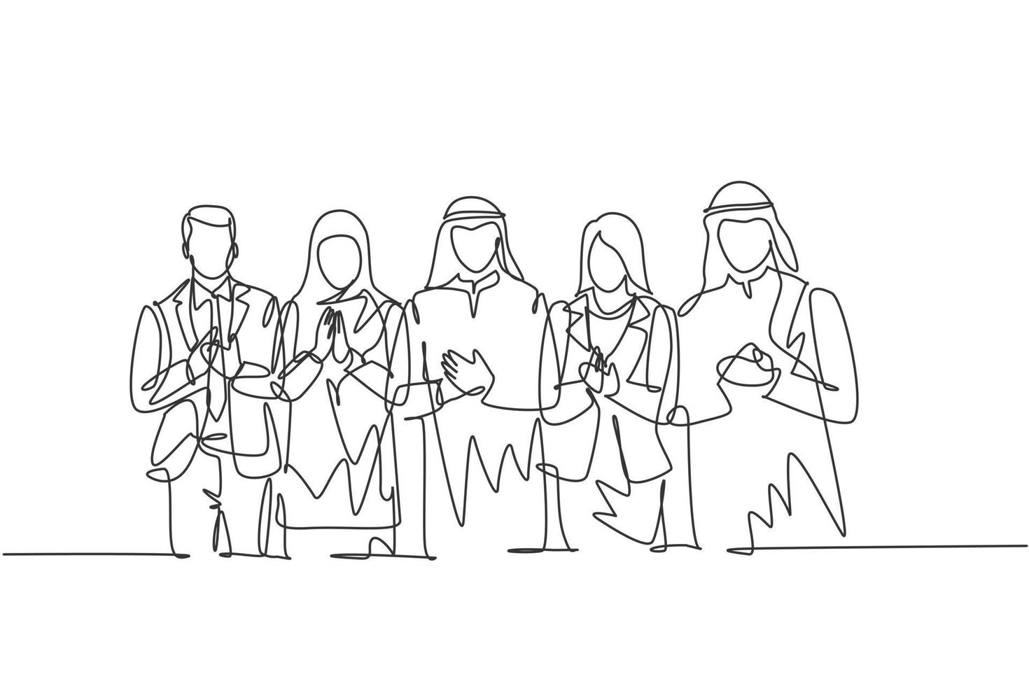 een doorlopende lijntekening van jonge zakenlieden en zakenvrouwen staan samen in de rij terwijl ze in de handen klappen. islamitische kleding shemag, hijab, sjaal, keffiyeh. enkele lijn tekenen ontwerp vectorillustratie vector