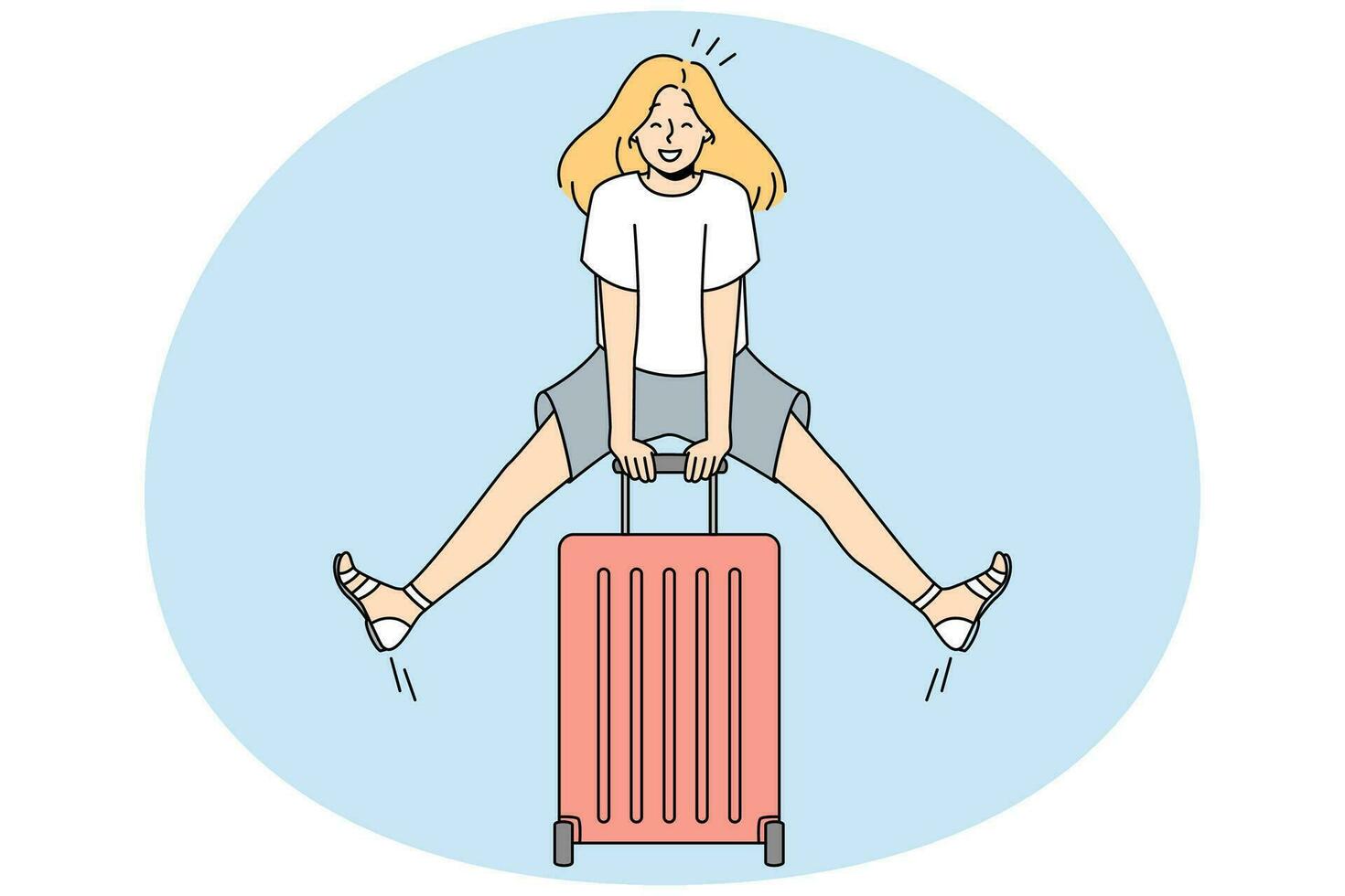 opgewonden jong vrouw met koffer gevoel blij met zomer vakantie. glimlachen meisje klaar voor zomertijd vakantie. vector illustratie.