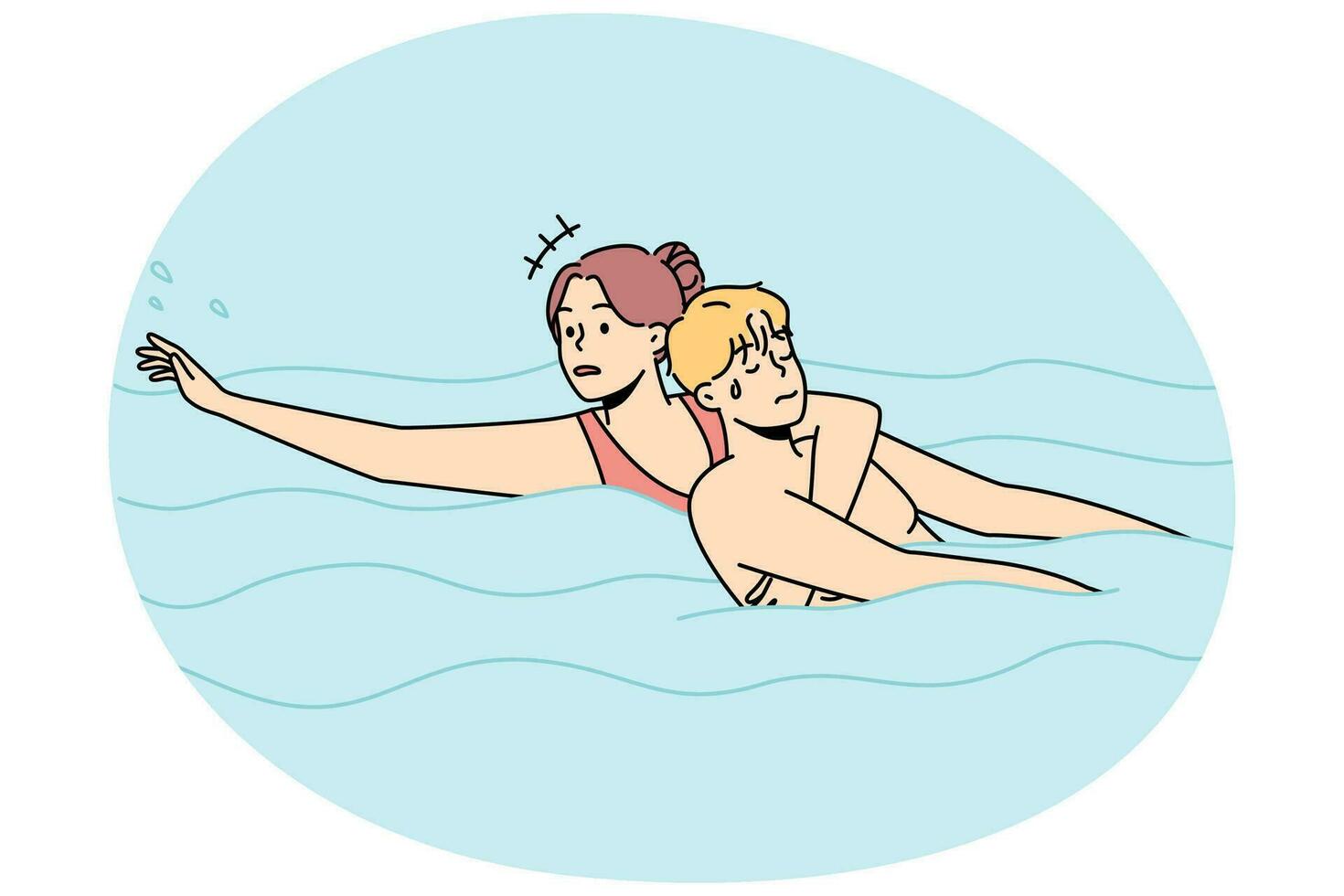 vrouw besparing Mens verdrinking in water. badmeester helpen vent gaan onder in zwemmen zwembad. noodgeval en redden. vector illustratie.