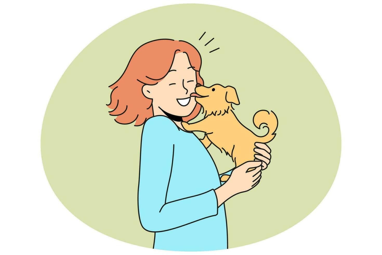 gelukkig jong vrouw met schattig hond in handen. grappig puppy likken glimlachen vrouw eigenaar tonen liefde en affectie. huiselijk dieren. vector illustratie.