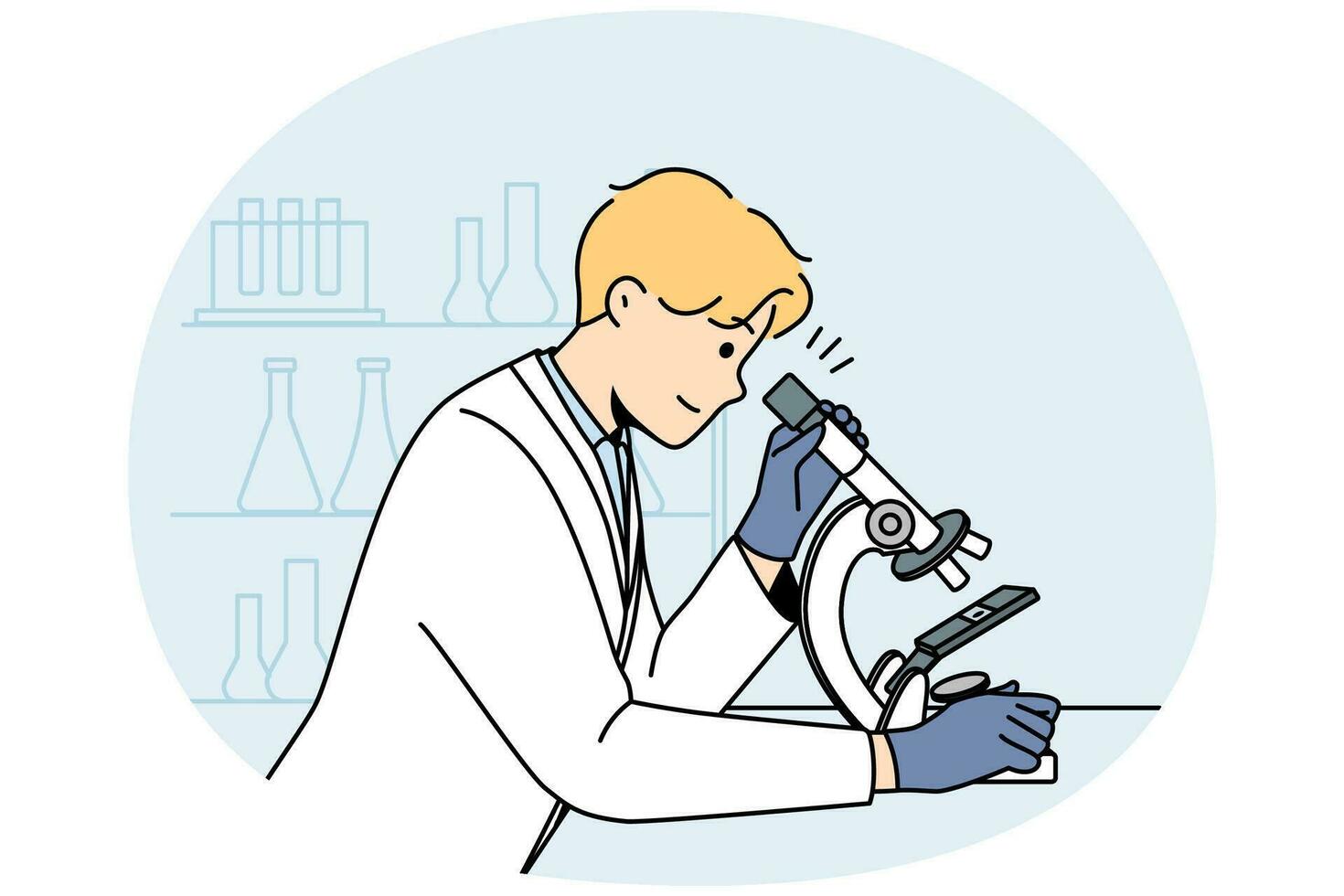 jong Mens wetenschapper in wit medisch uniform kijken Bij monster in microscoop in laboratorium. mannetje onderzoeker onderzoeken exemplaar in laboratorium. geneeskunde en biotechnologie. vector illustratie.