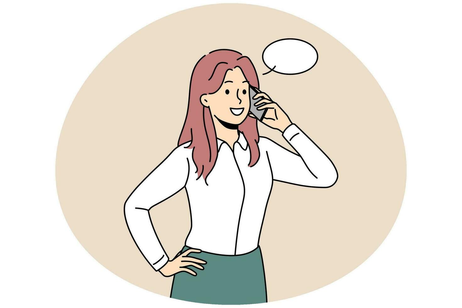 jong zakenvrouw praten Aan mobiele telefoon met cliënt of klant. glimlachen vrouw werknemer hebben mobiele telefoon gesprek. bedrijf communicatie. vector illustratie.