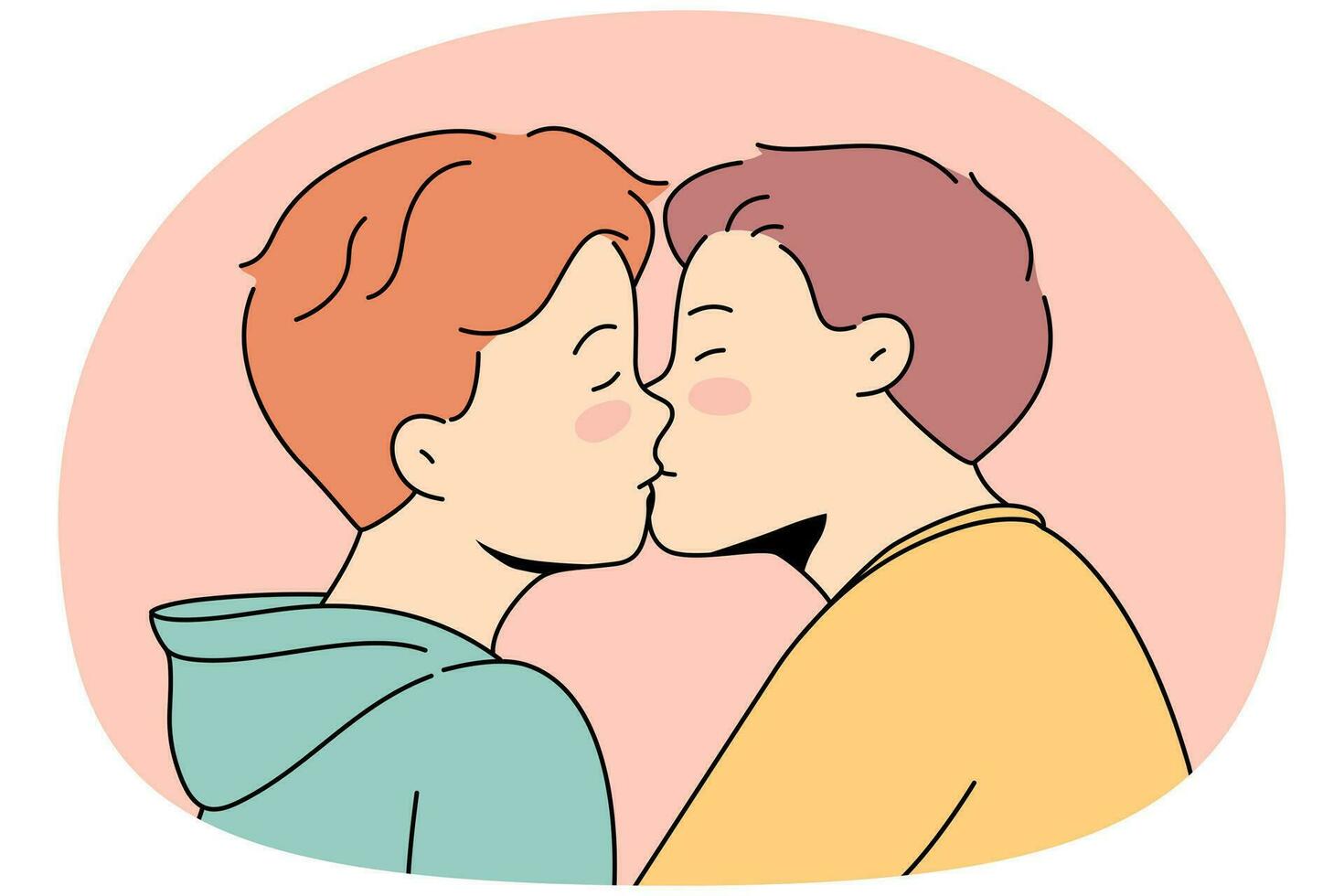 homo paar zoenen tonen liefde en affectie. homoseksueel mannen demonstreren verhoudingen. lgbt gemeenschap, vrijheid van rechten. vector illustratie.