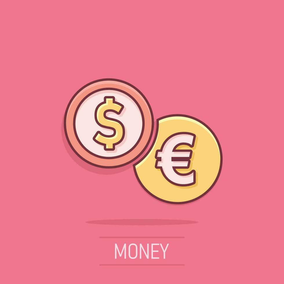 munten stack icoon in grappig stijl. dollar, euro munt vector tekenfilm illustratie pictogram. geld gestapeld bedrijf concept plons effect.