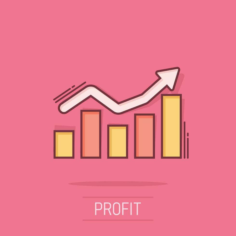 groeit bar diagram icoon in grappig stijl. toenemen pijl vector tekenfilm illustratie pictogram. infographic vooruitgang bedrijf concept plons effect.