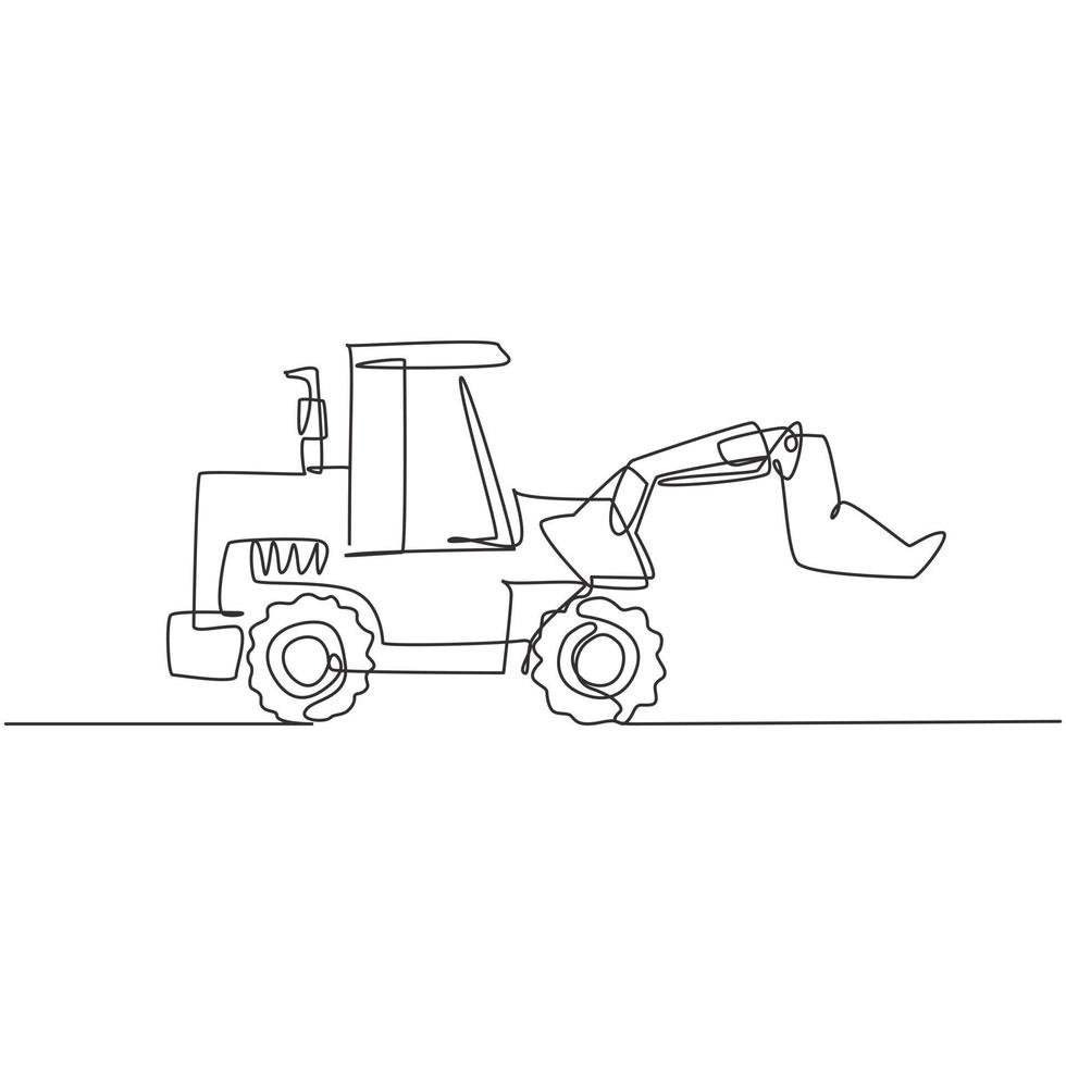 een doorlopende lijntekening van bulldozer voor het graven van grond, bedrijfsvoertuig. zware backhoe bouw vrachtwagens apparatuur concept. dynamische enkele lijn tekenen ontwerp vector illustratie afbeelding