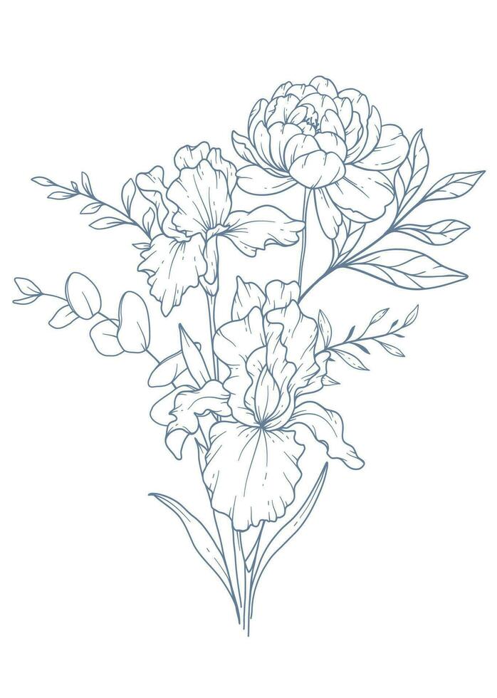 wilde bloemen lijn tekening. zwart en wit bloemen boeketten. bloem kleur bladzijde. bloemen lijn kunst. prima lijn wilde bloemen illustratie. hand- getrokken bloemen. botanisch kleuren. bruiloft uitnodiging bloemen vector