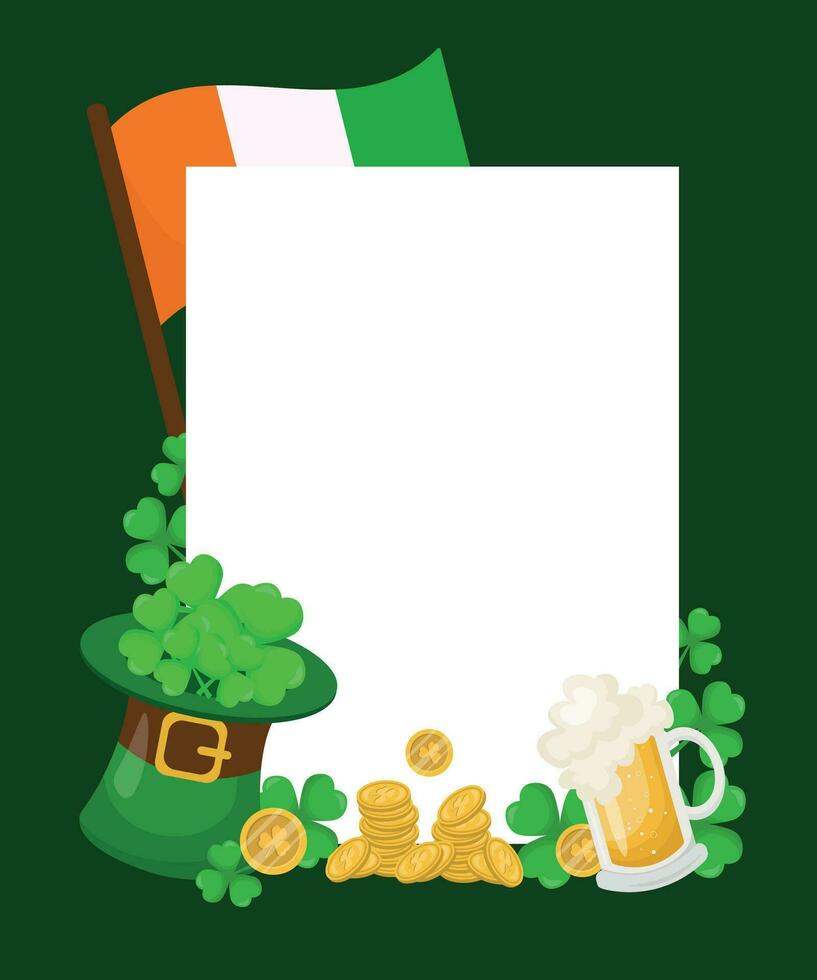 st. Patrick dag kader met groen elf van Ierse folklore hoed, bier glas, Iers vlag en klaver bladeren. ansichtkaart, spandoek. vector illustratie