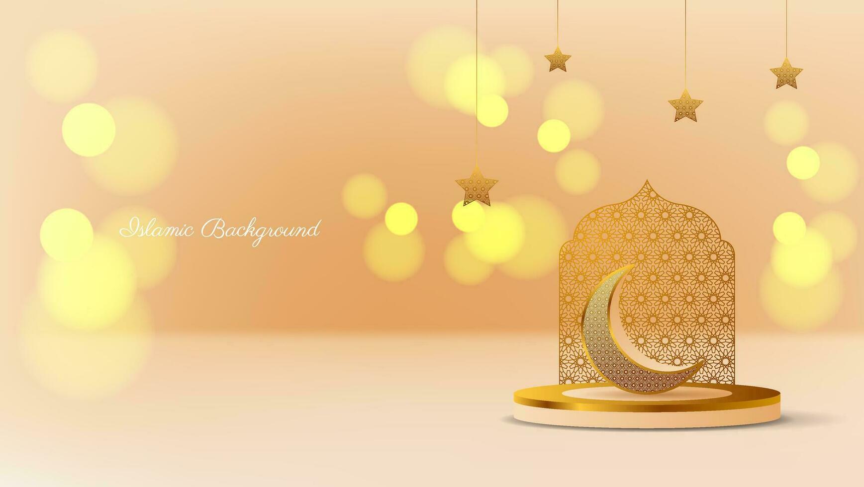 luxe Islamitisch achtergrond met halve maan, sterren, podium en bokeh effect. vector illustratie