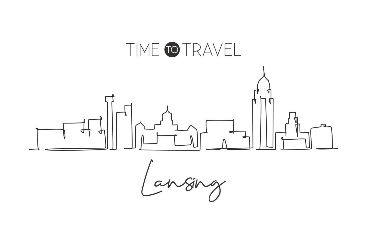 een doorlopende lijntekening van de skyline van Lansing, Michigan. mooi oriëntatiepunt. wereld landschap toerisme reizen huis muur decor poster print. stijlvolle enkele lijn tekenen ontwerp vectorillustratie vector