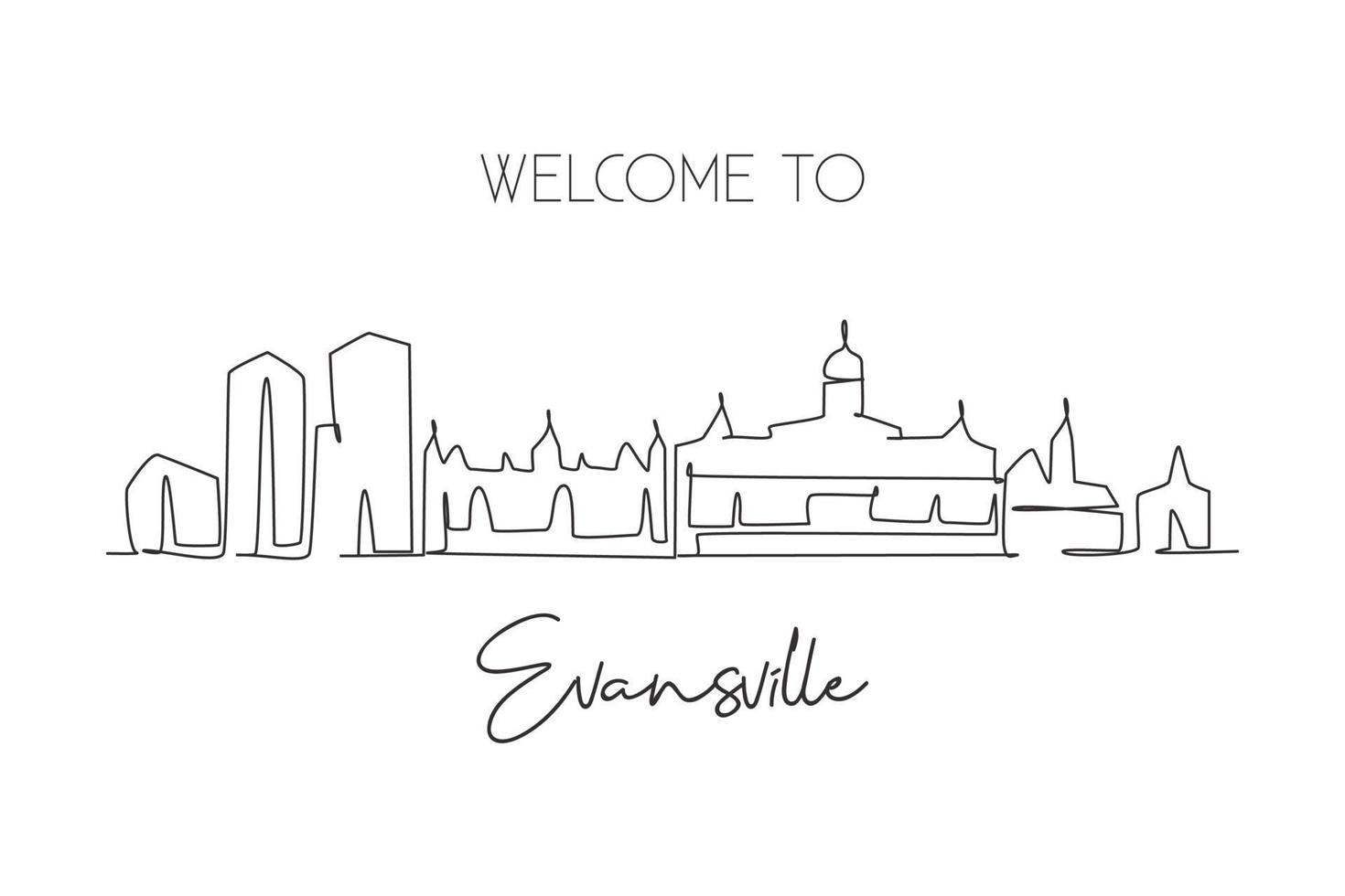 een doorlopende lijntekening van de skyline van de stad van evansville, india. mooi oriëntatiepunt. wereld landschap toerisme reizen huis muur decor poster print. stijlvolle enkele lijn tekenen ontwerp vectorillustratie vector