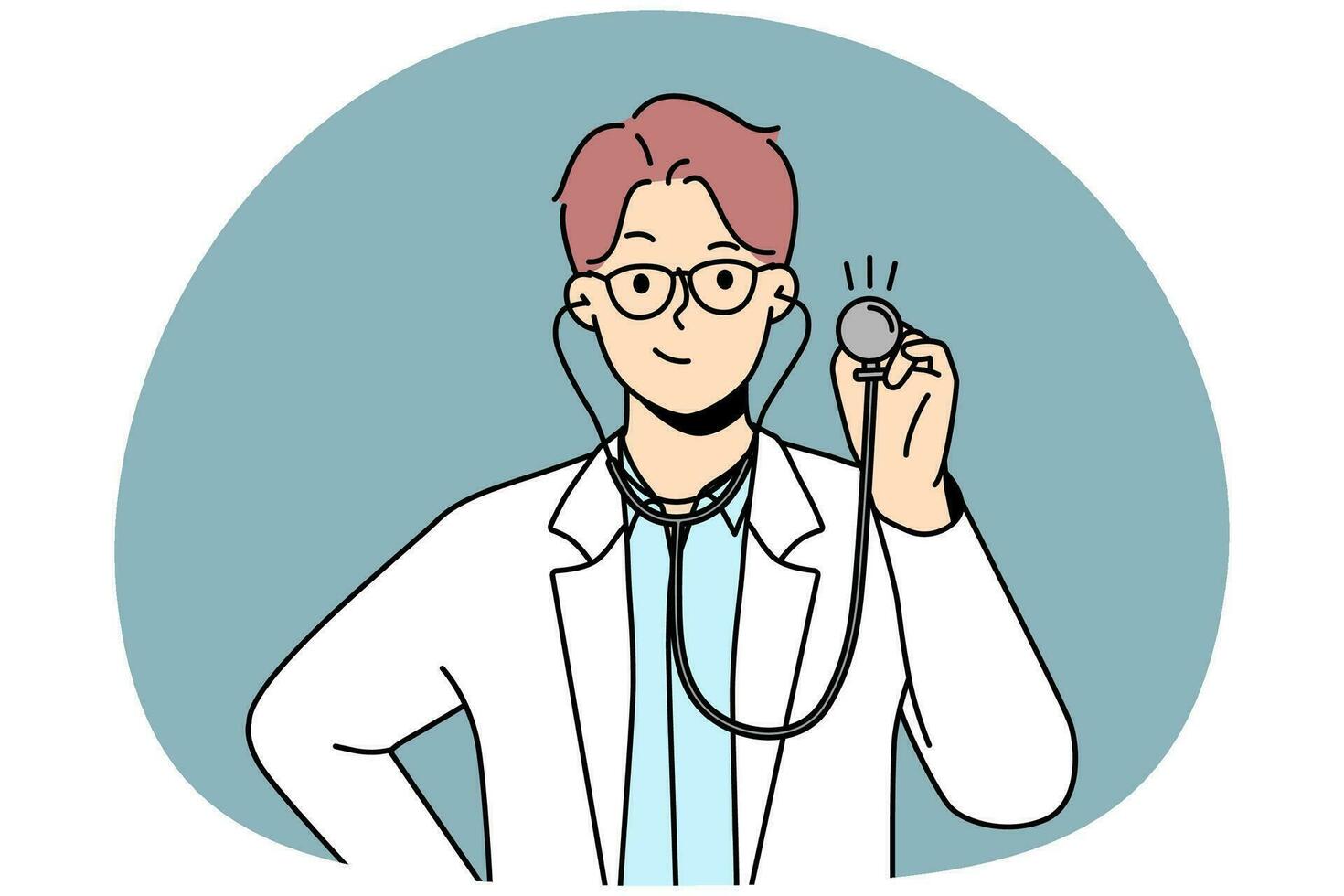 glimlachen jong mannetje dokter in wit medisch uniform houden stethoscoop klaar naar controleren of onderzoeken geduldig. gelukkig mannetje gp of therapeut controle in ziekenhuis. geneesmiddel. vector illustratie.