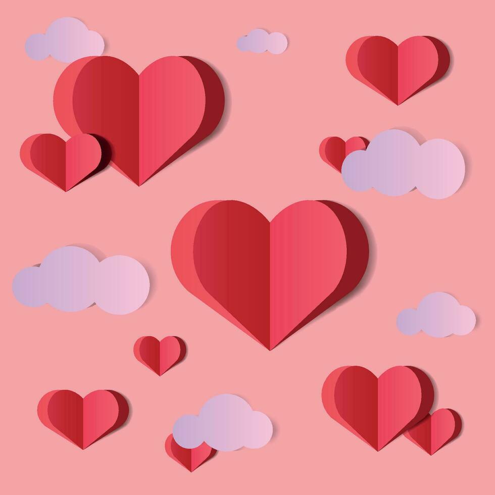 valentijnsdag dag kaart met papier harten en wolken. papier besnoeiing en ambacht stijl rood hart.vector papier kunst illustratie.romantisch achtergrond voor Valentijnsdag dag vector