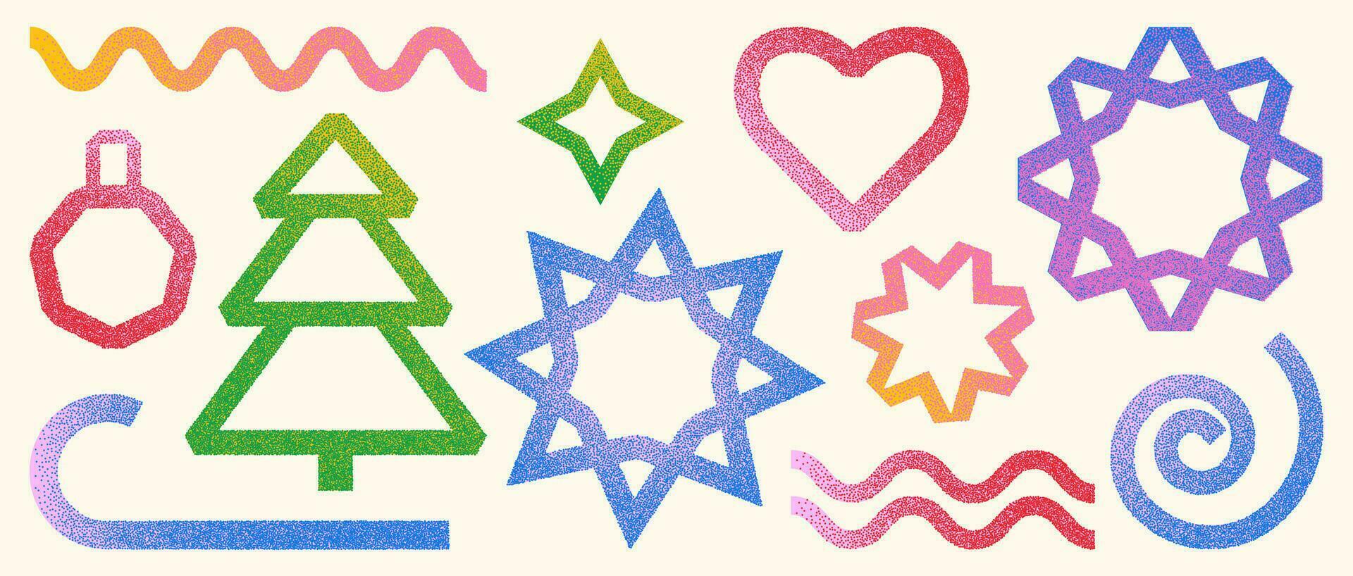een reeks van kleurrijk Kerstmis vormen met een korrelig effect. vector illustratie van meetkundig symbolen van Kerstmis boom, sneeuwvlok, ster, hart, spiraal en andere elementen.