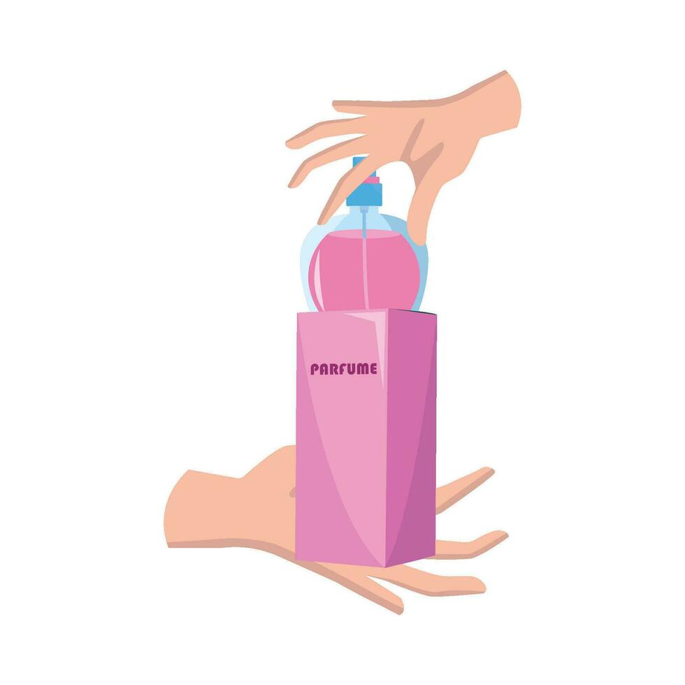 fles verstuiven met doos parfum in hand- illustratie vector