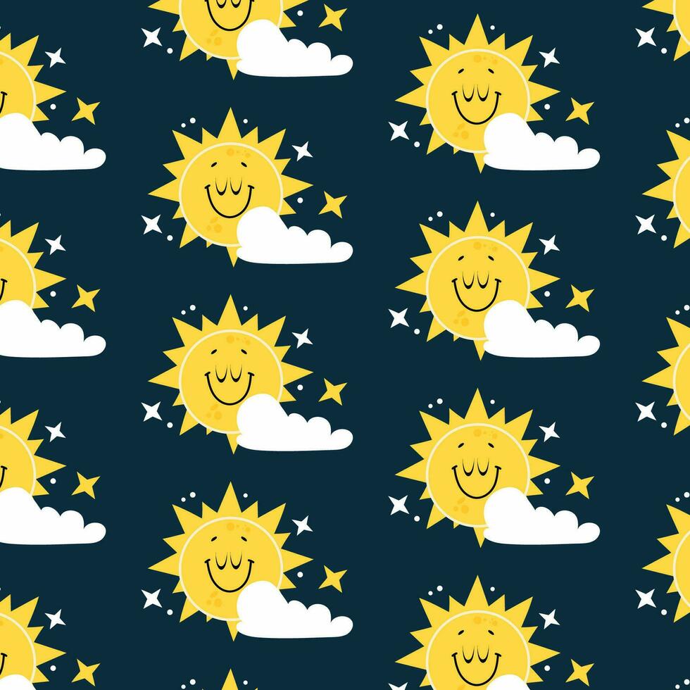 hand- getrokken naadloos patroon met glimlachen zon en wolken. schattig vector ontwerp.