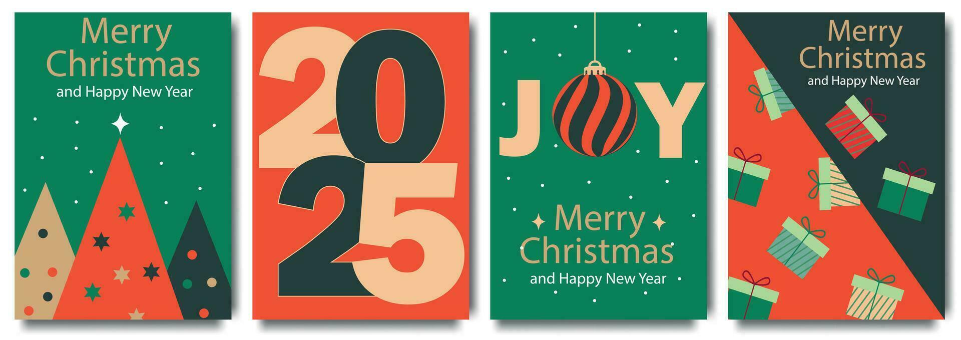 nieuw jaar modern ontwerp reeks in papier besnoeiing stijl met Kerstmis boom, bal, ster gouden blauw en wit geschenken, pijnboom takken, lichten en aantal 2025. Kerstmis kaarten, affiches, vakantie covers of banners vector