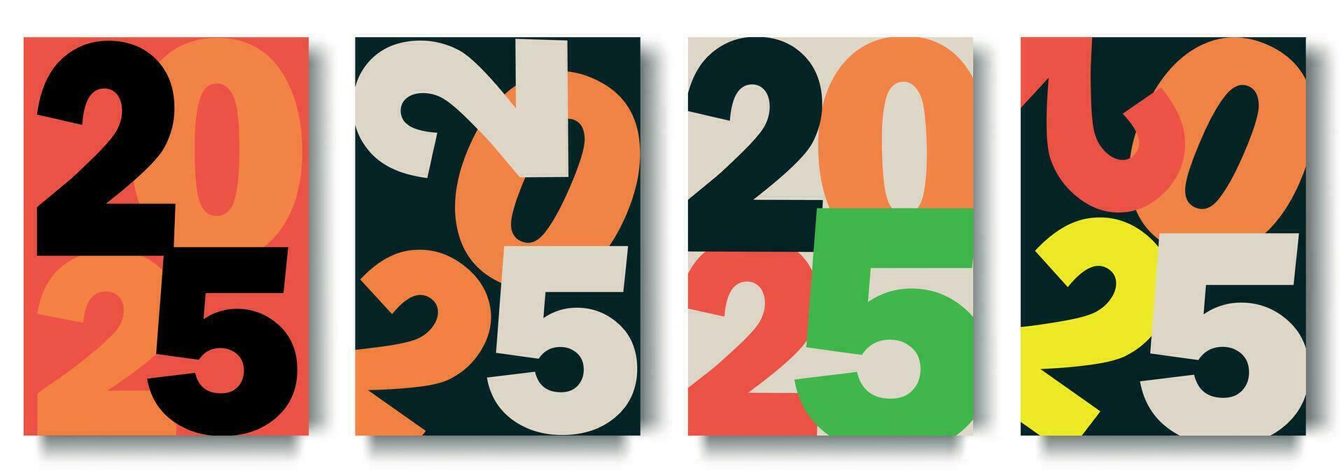 creatief concept van 2025 gelukkig nieuw jaar posters set. ontwerp Sjablonen met typografie logo 2025 voor viering en seizoen decoratie. minimalistisch modieus achtergronden voor branding, banier, omslag, kaart vector