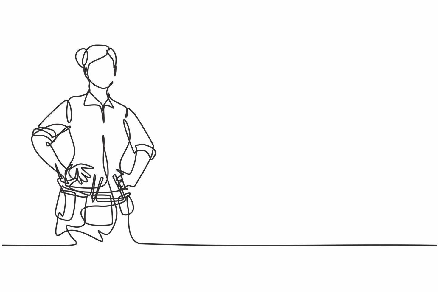 enkele doorlopende lijntekening van jonge mooie en bekwame klusjesvrouw hand in hand op heup. professioneel werk baan beroep. minimalisme concept een lijn tekenen grafisch ontwerp vectorillustratie vector