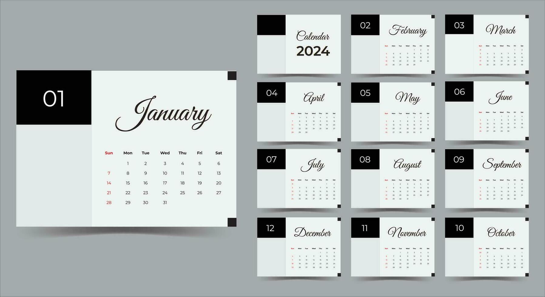 vector 2024 nieuw jaar kalender ontwerp, klassiek en minimaal kalender ontwerp voor 2024