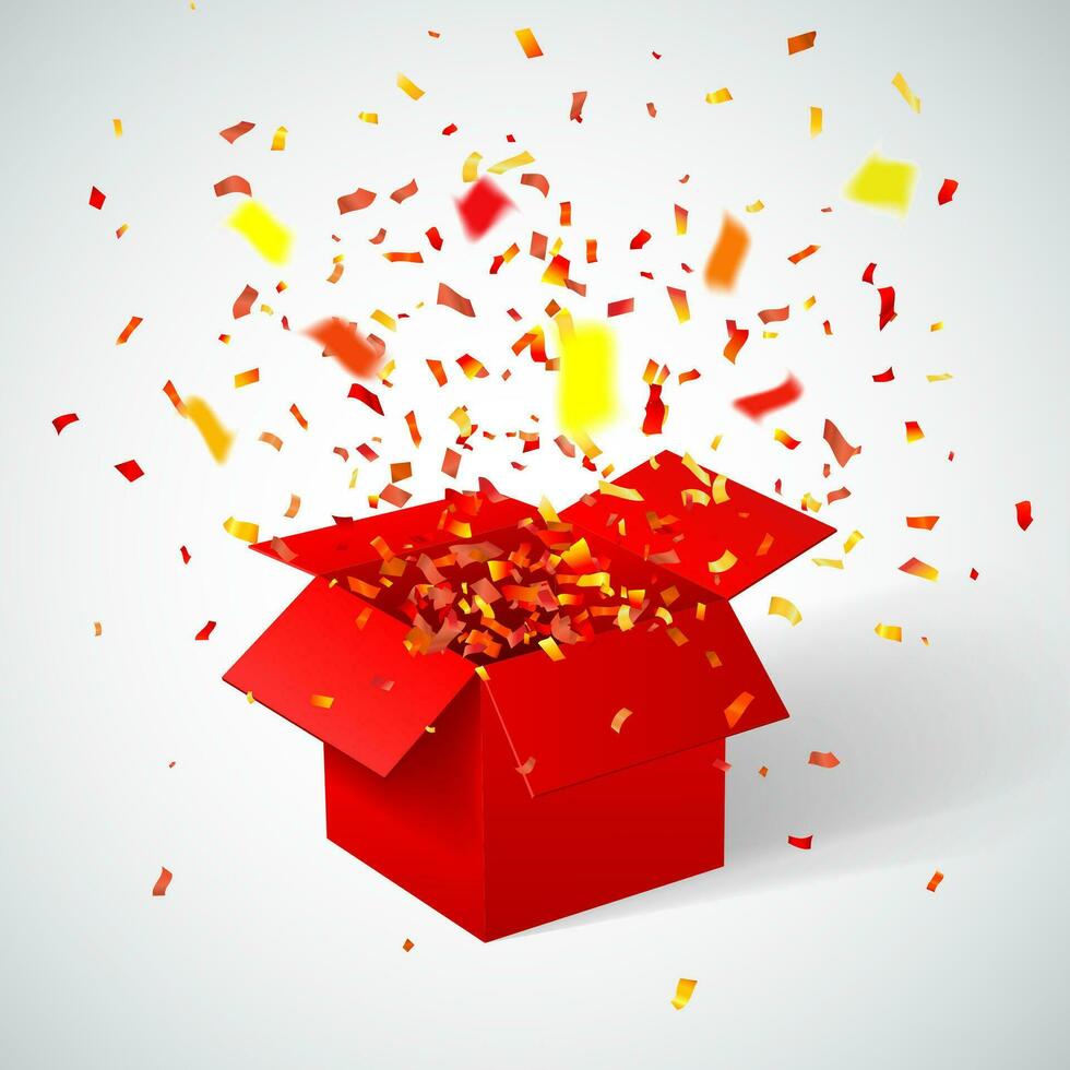 Open rood geschenk doos en confetti. vector illustratie