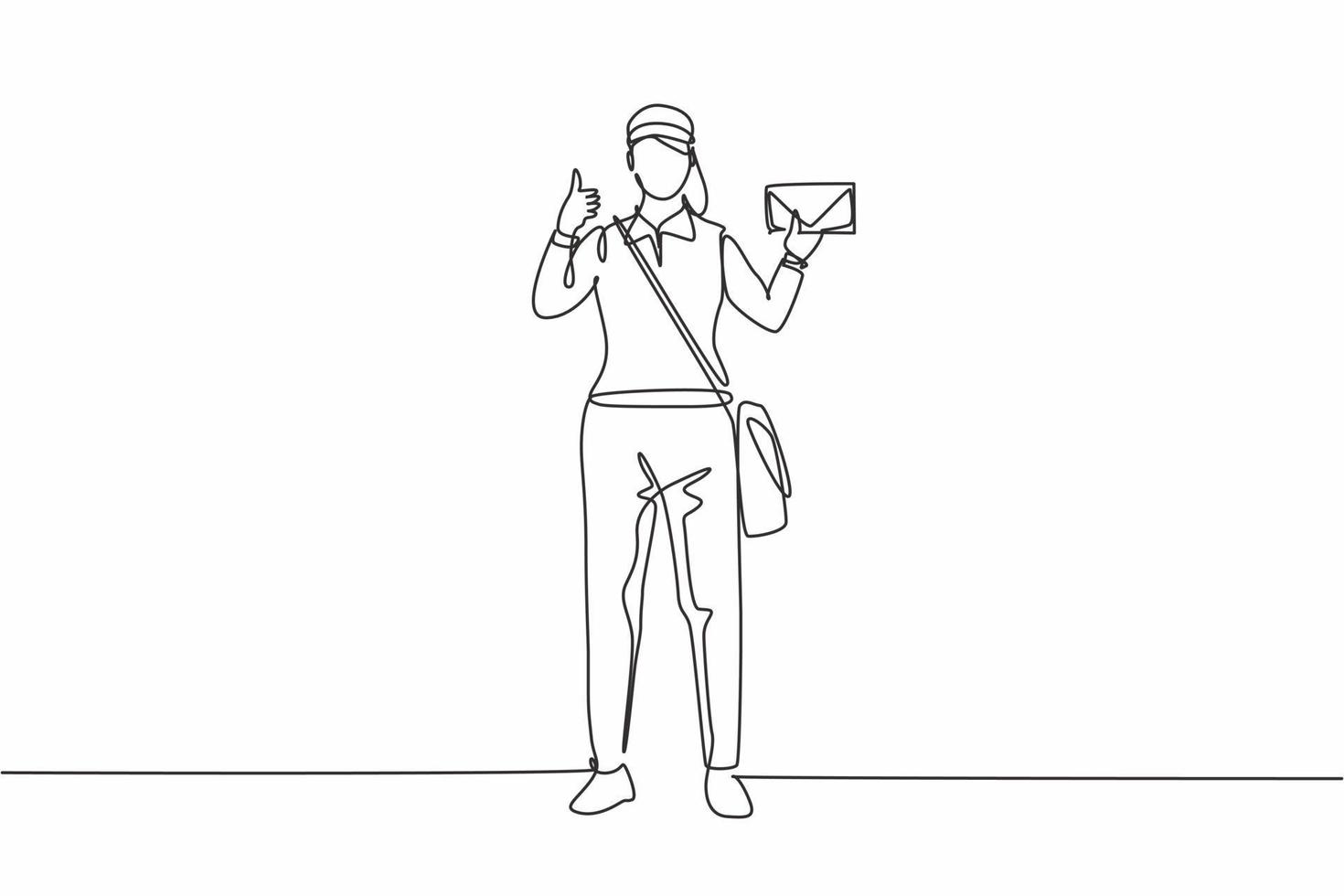 enkele lijntekening van postvrouw die in een hoed, tas, uniform staat, een envelop vasthoudt en met een duim omhoog gebaar post bezorgt. moderne doorlopende lijn tekenen ontwerp grafische vectorillustratie vector