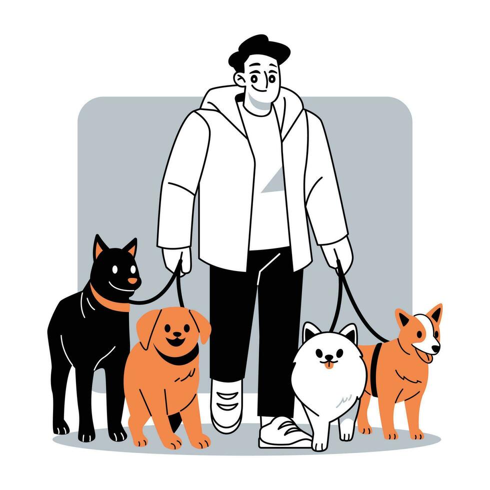 Mens wandelen honden vector illustratie in vlak lijn tekenfilm stijl Mens met huisdieren