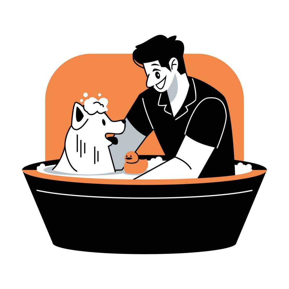 Mens nemen een bad met een hond vector illustratie in vlak lijn tekenfilm stijl