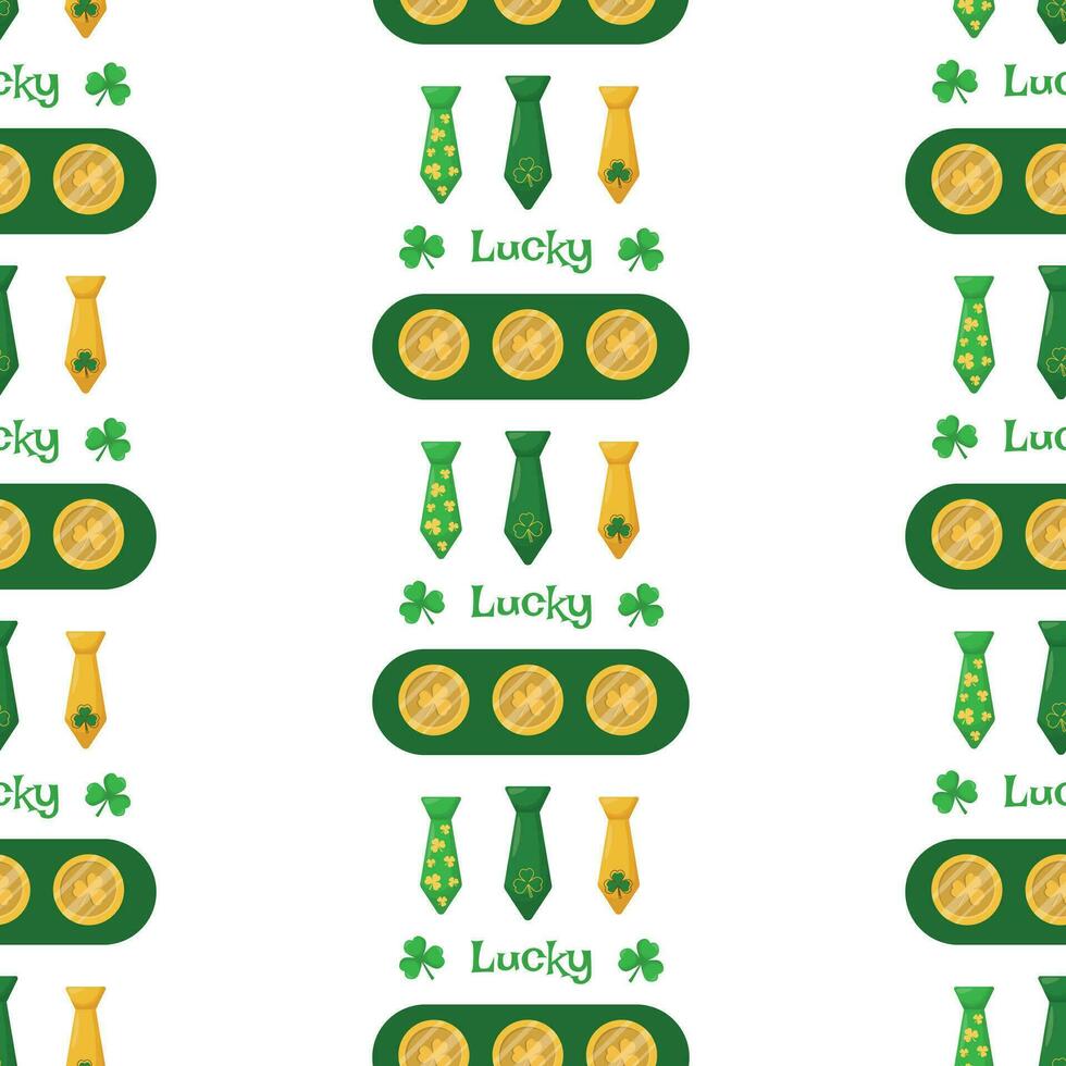 st. Patrick dag naadloos patroon met munten, klavers en banden Aan een wit achtergrond. vector illustratie. maart 17